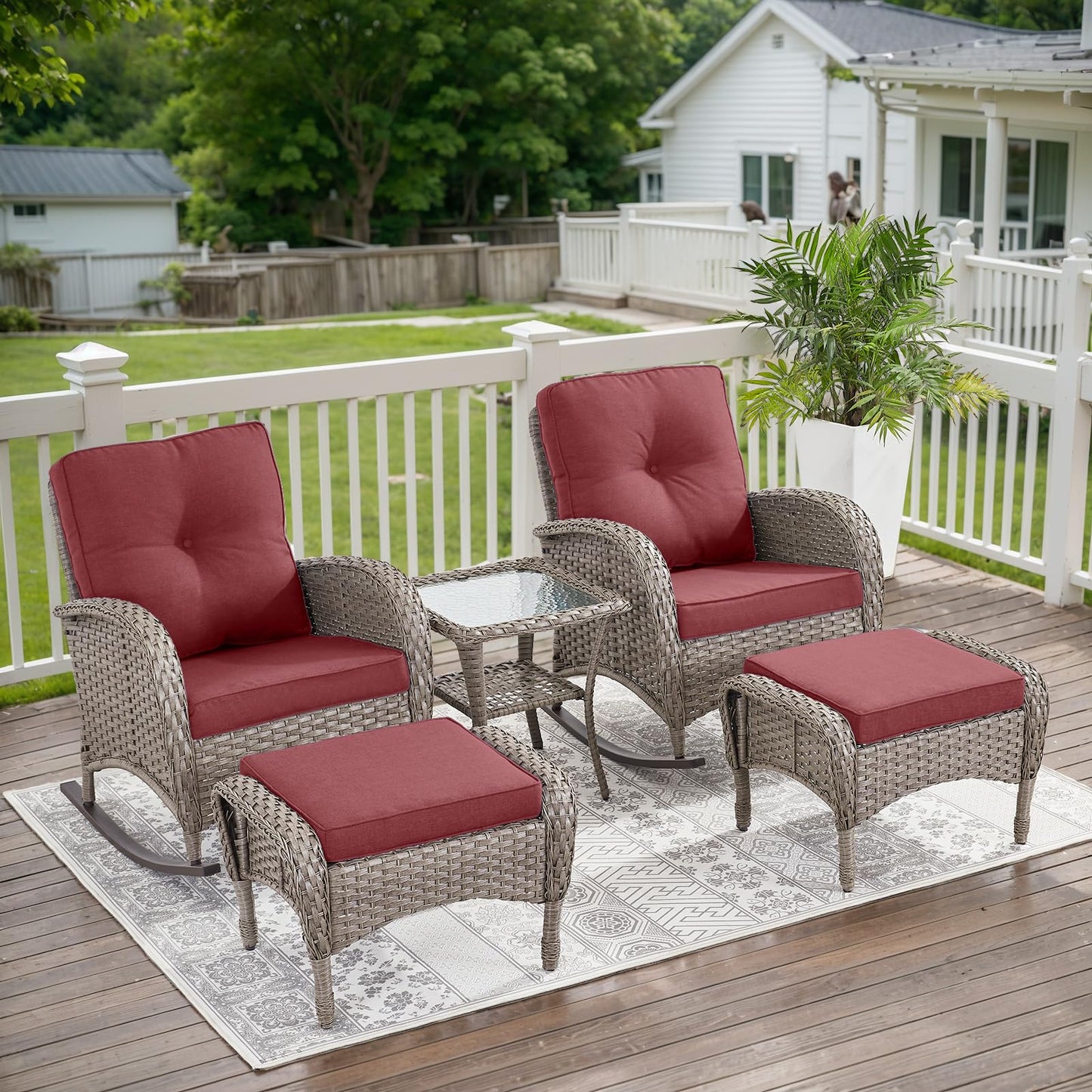 Belord Patio Rocking Chairs Wicker Set - Outdoor Rocking Chairs Set of 2 with Side Table, 3 Piece Patio Rocker Furniture Set with Water-Resistant Cushions for Balcony Porch Backyard