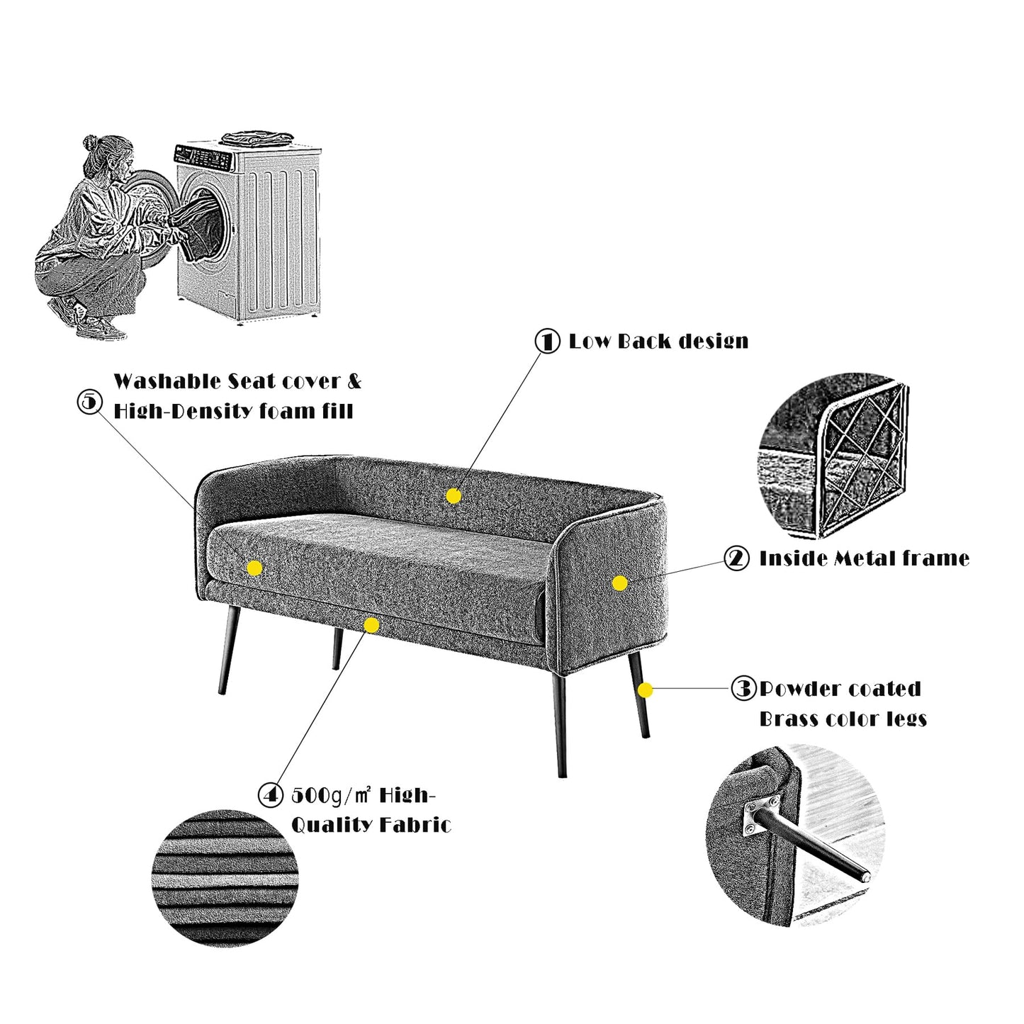 Forshare Bedroom Bench and Entryway Bench with Low backrest and armrests, Yellow Fabric,Inside Sturdy Metal Frame