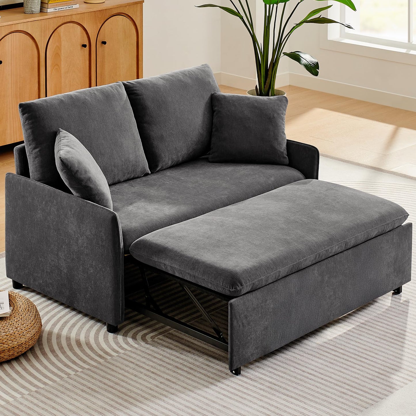 Zelimon Sleeper Sofa Bed, 3 in 1 Pull-Out Convertible Sofa Bed, 55'' Lounge Soft Futon Sofa with Adjustable Backrest, Chenille Couches for Living Room/Office/Apartment, Grey