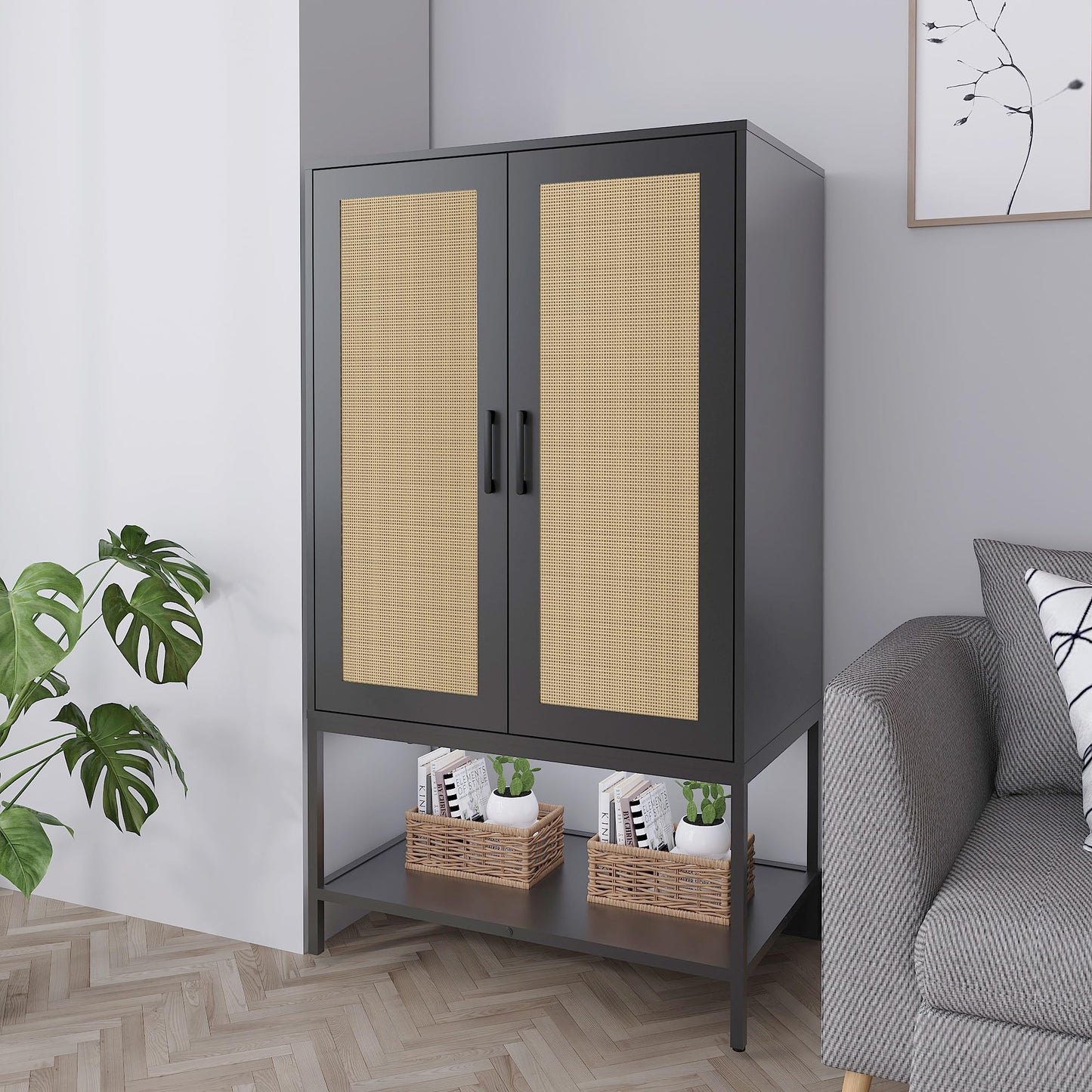 Gyger Wardrobe Closet with 2 Doors，Rattan Bedroom Armoires with Hanging Rod Freestanding Wooden Wardrobe Cabinet with Shelves,Black