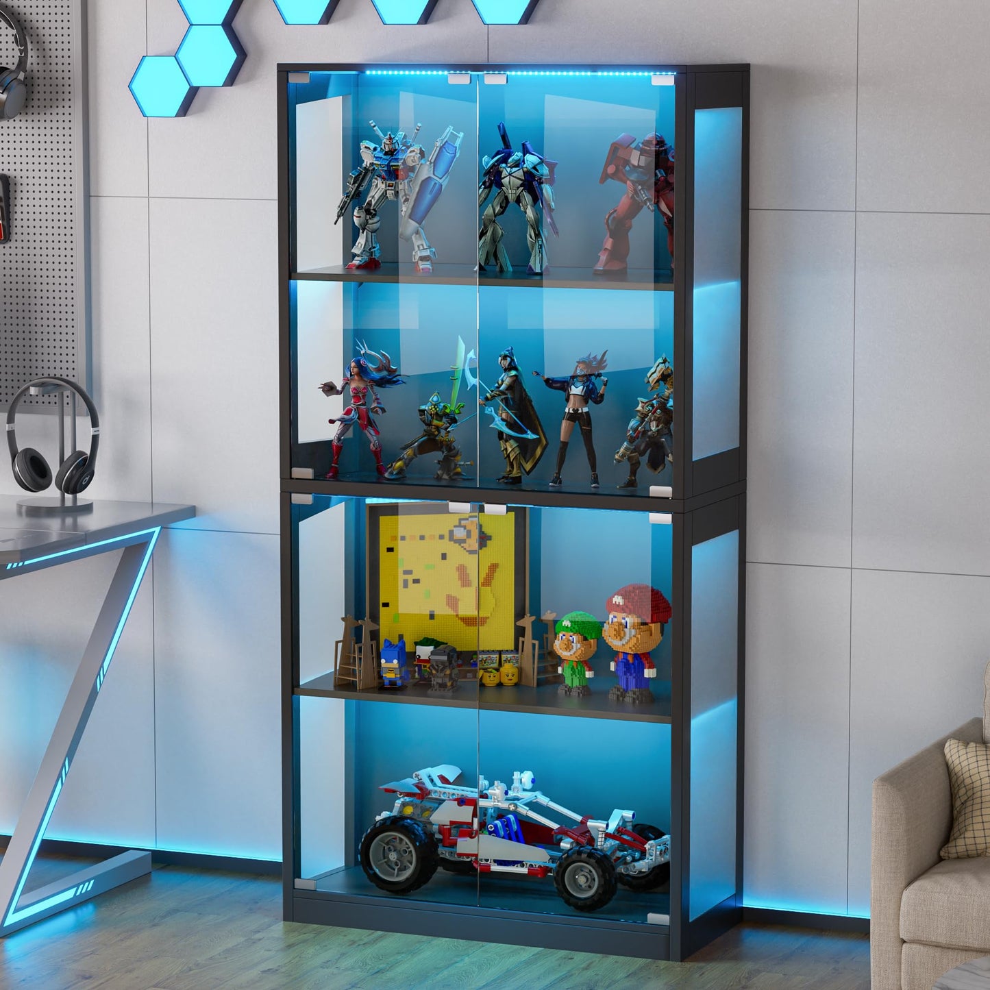 Grepatio Display Cabinet with Glass Doors, 4-Tier Curio Display Case, Collectibles Display Shelf with 12 Color Lights, Toy Bookshelf and Bookcase Cabinet for Collectible Playroom (Black)