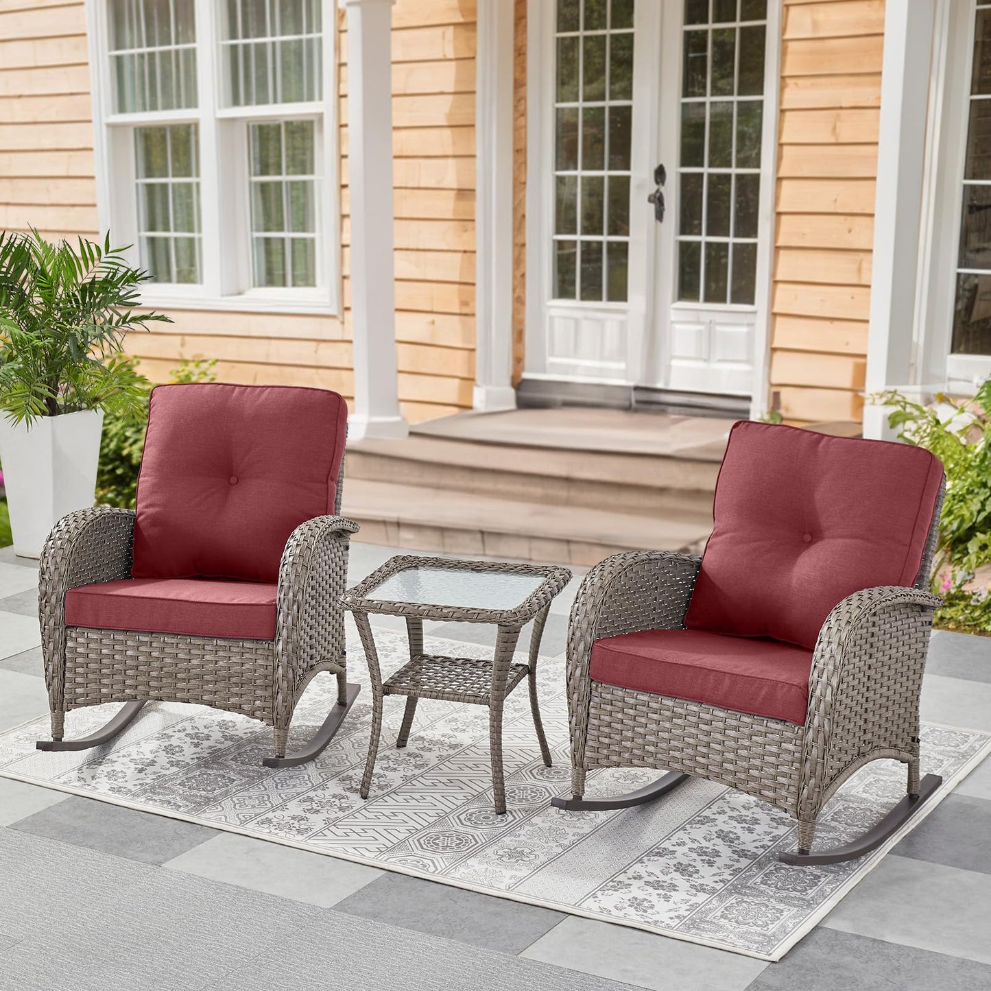 Belord Patio Rocking Chairs Wicker Set - Outdoor Rocking Chairs Set of 2 with Side Table, 3 Piece Patio Rocker Furniture Set with Water-Resistant Cushions for Balcony Porch Backyard