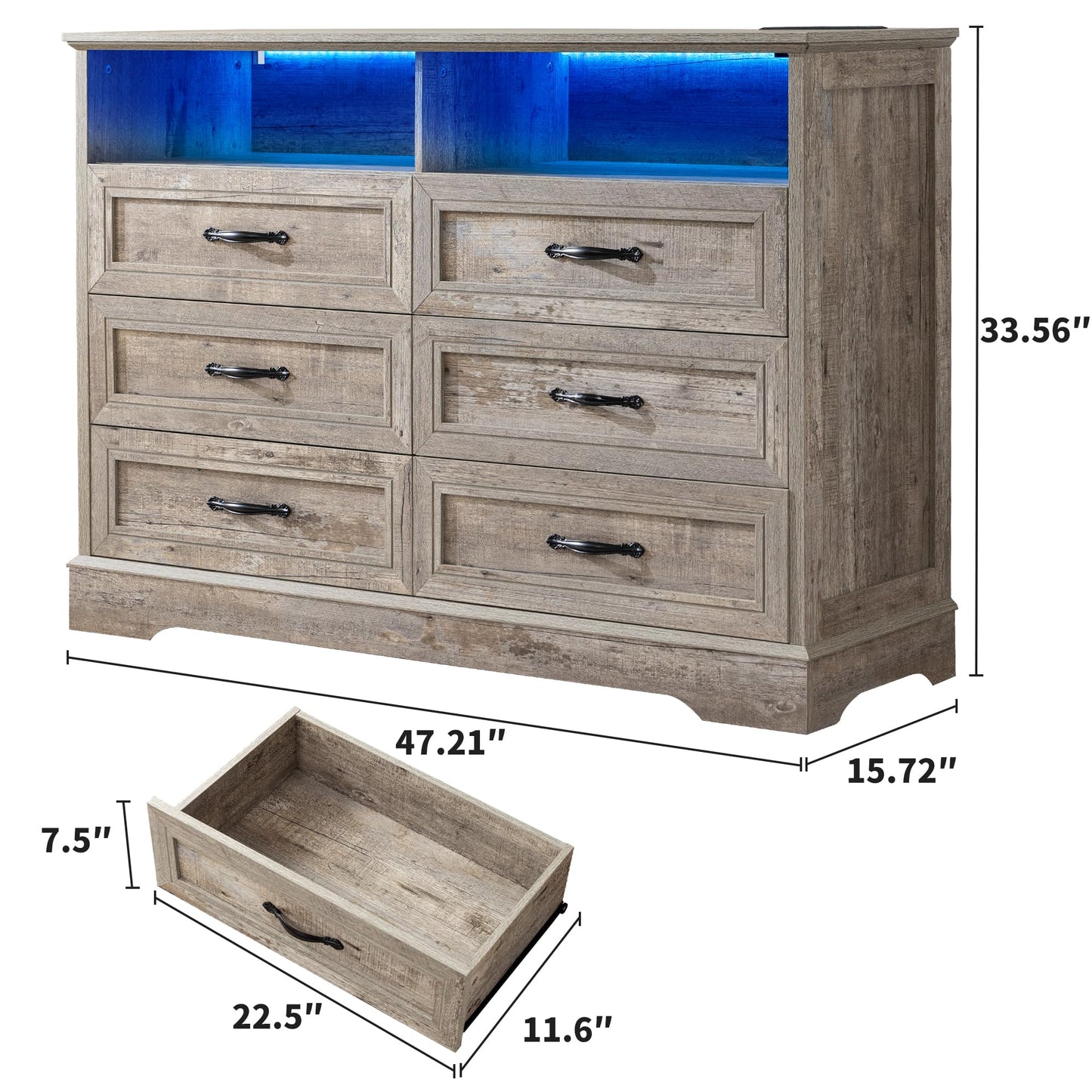 Homkdom Dressers for Bedroom,6 Drawers Dresser with LED Light,Power Outlets and Open Shelves,Chests of Drawers for 65 inch TV, for Hallway, Entryway, Light Rustic Oak
