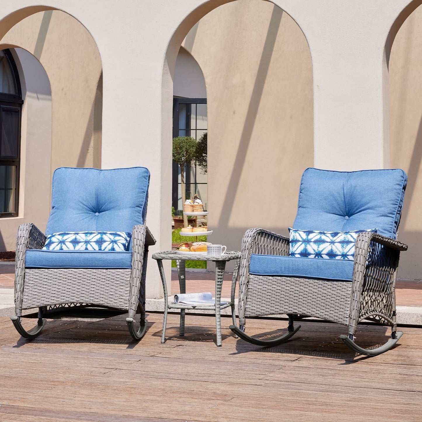 UDPATIO 3 Piece Patio Rocking Chair Set, Wicker Rocking Bistro Set with 2 Rockers and 1 Side Table with 4‘’ Thick Cushions for Backyard, Porch, Balcony, Poolside, Grey/Blue