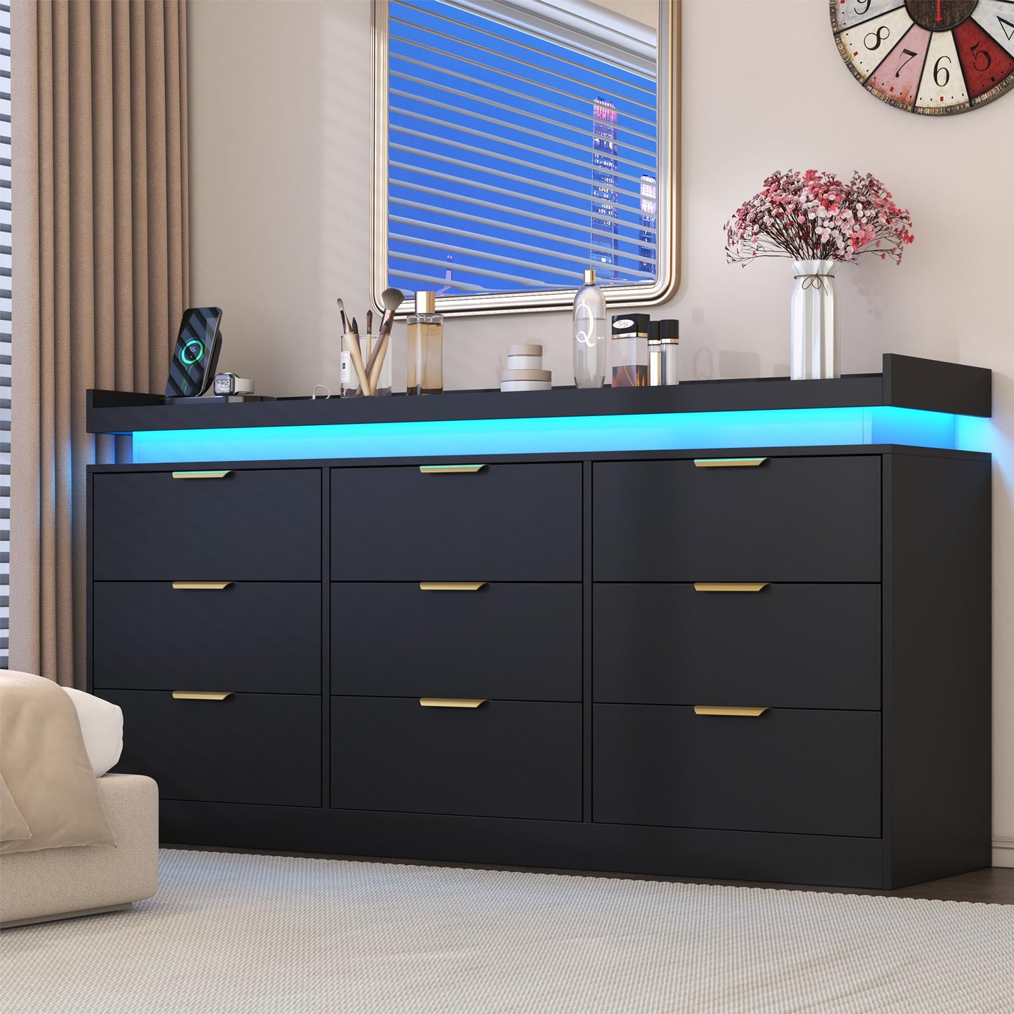 knoworld 9 Drawer Dresser for Bedroom, Black Dresser with LED Lights and Power Outlet, Large Dresser Wooden Long Dresser, Triple Wide Drawer Dresser for Bedroom, Entryway, Hallway