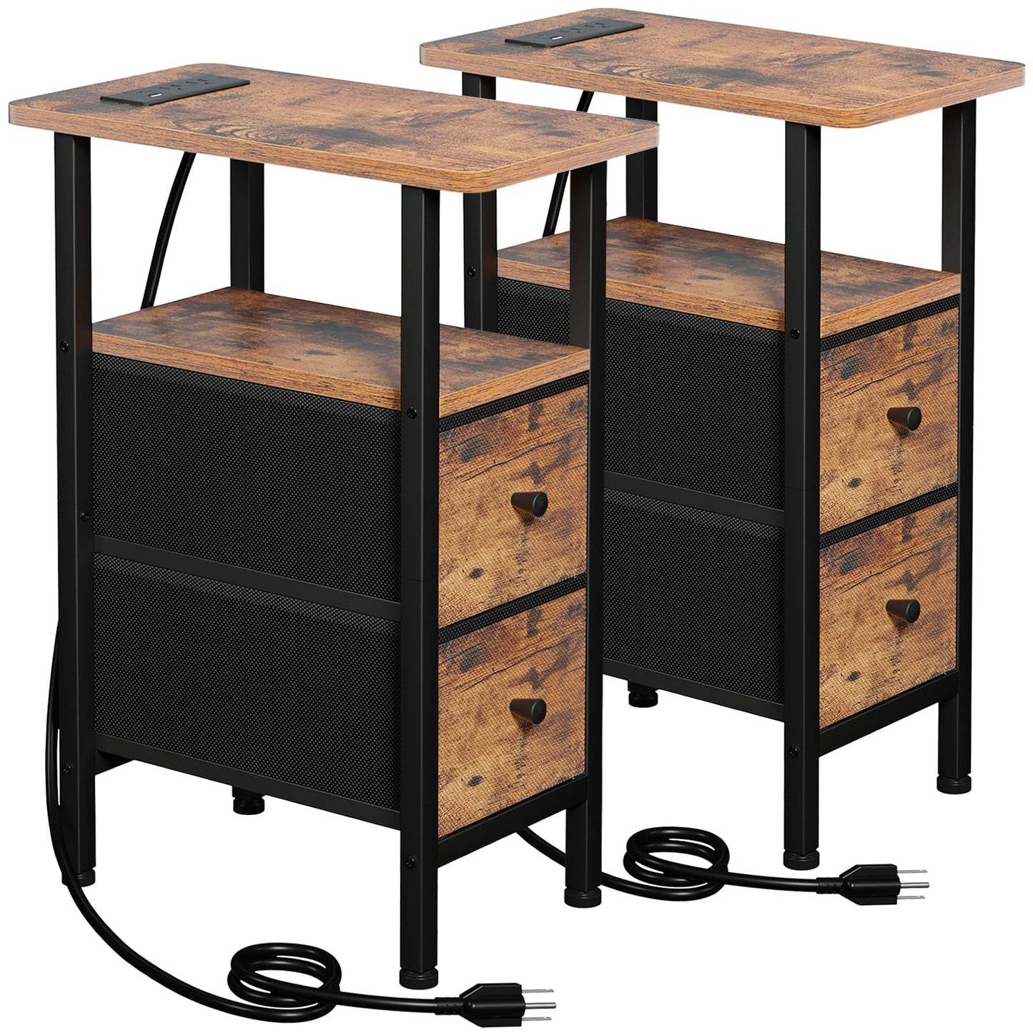 LOAKEKEL Narrow End Tables Living Room Set of 2 with Charging Station, Skinny Side Table with Fabric Drawers, Slim Nightstand for Bedroom, Small Spaces, Couch, Brown, HETNDP02BR