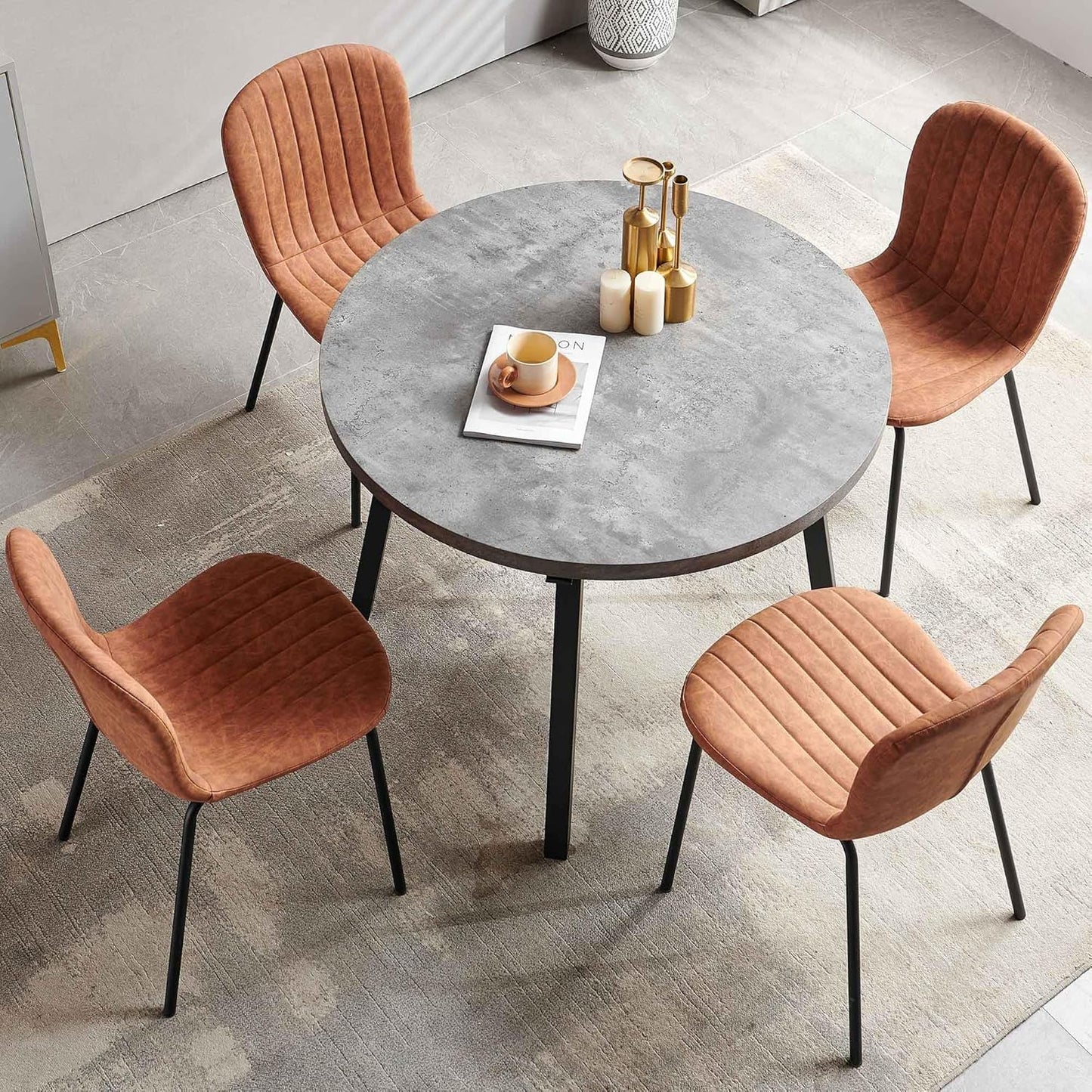 Pandolfini Round Dining Table Set for 4, Modern 37 Inch Dining Table and Chairs, Grey Engineered Wood Kitchen Table with PU Leather Dining Chairs for Dining Room, Living Room, Brown