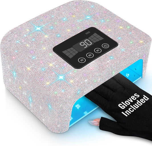 Cordless UV Nail Lamp, Rechargeable UV Light for Gel Nails, LED Nail Lamp with 4 Timer Modes, Gel Nail UV Light Decorate with Sparkling Nail Rhinestones (Sparkly White)