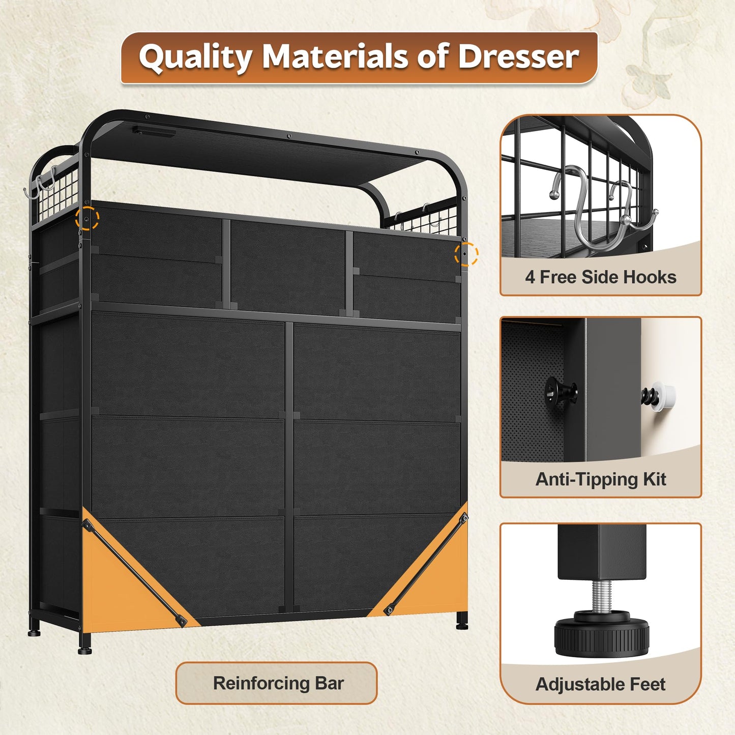 Dresser for Bedroom with 11 Drawers & Station, Chest of Drawers with LED Lights & 4 Hooks, Closet, Living Room, Entryway, Black
