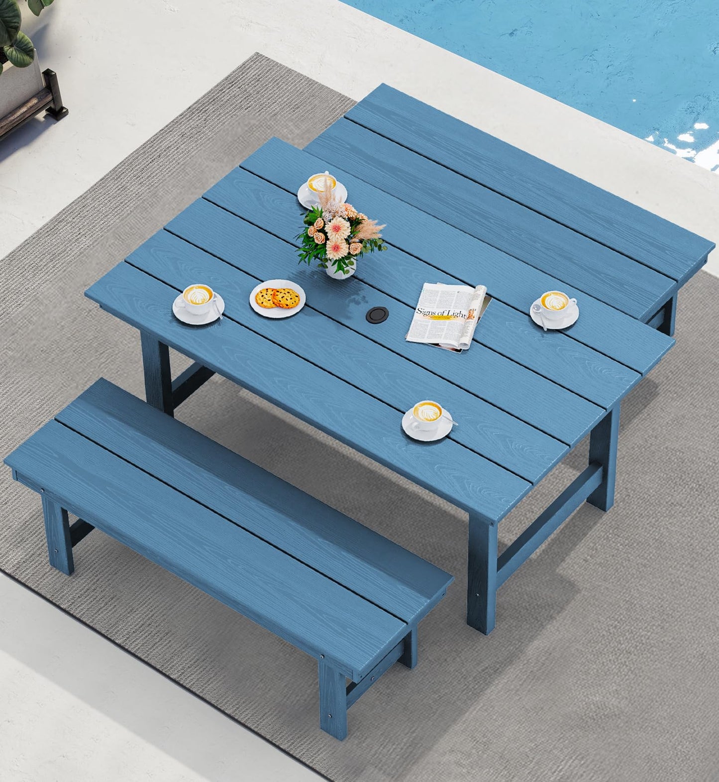 SERWALL Kitchen Table Set for 4，67" Extended Large Dining Table with 2 Benches, Blue