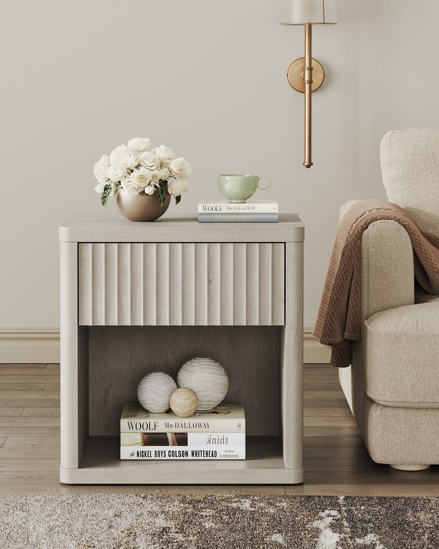 SICOTAS Night Stand Nightstand with Drawer Storage Fluted Bed Side Table End Table Large Modern Wide Bedside Stand Mid Century Night Stands for Bedroom Living Room Sofa Couch Home Office, White Alder