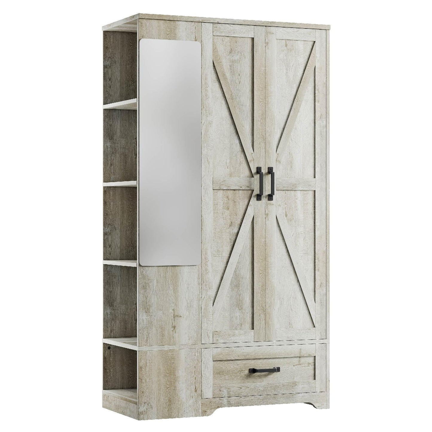 LIKIMIO Armoire Wardrobe Closet 70 Inches, Large Storage with Mirror, 2 Doors, Drawer, and Shelves, Modern Bedroom Freestanding Wooden Wardrobe Combination with Hanging Rail, Rustic Maple
