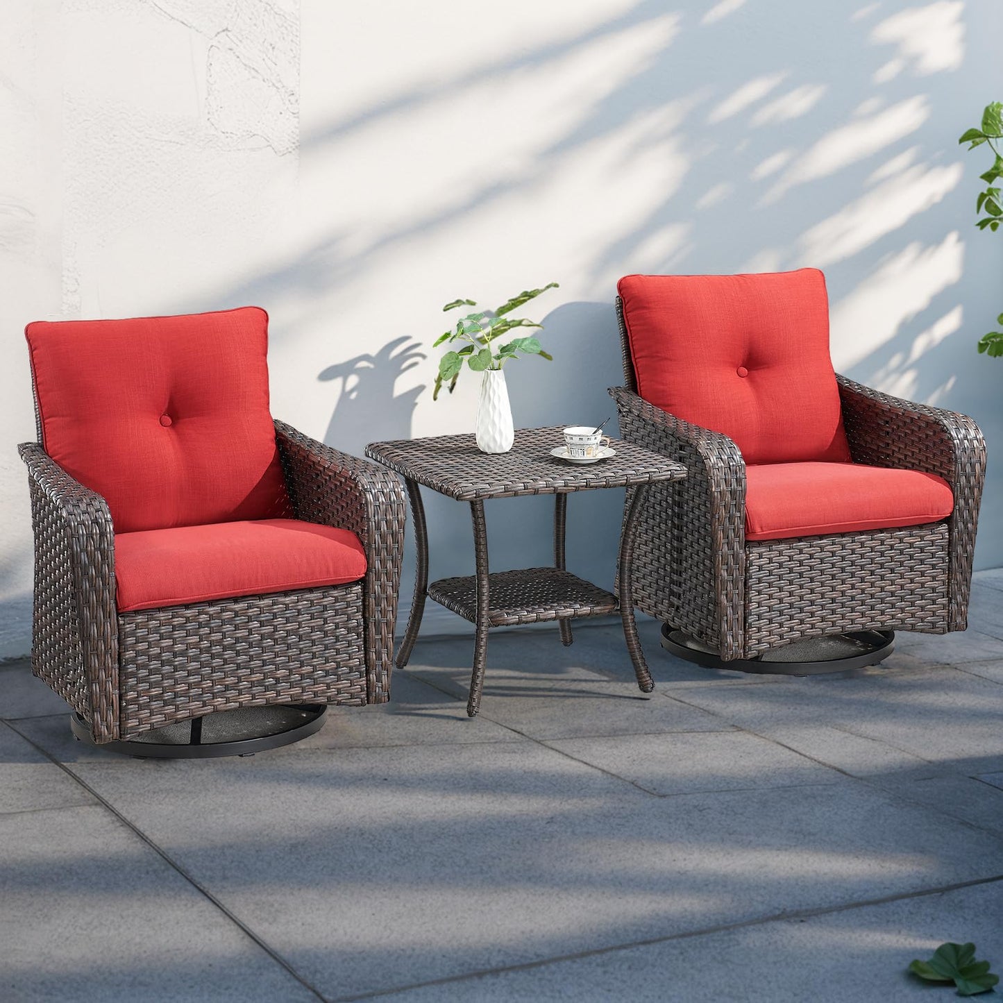 Rilyson Outdoor Patio Swivel Rocker Chairs - 3 PC Wicker Patio Bistro Sets with High Back,Thick Comfy Cushions, Deep Seating and Side Table for Porch Deck Backyard Garden(Brown/Red)