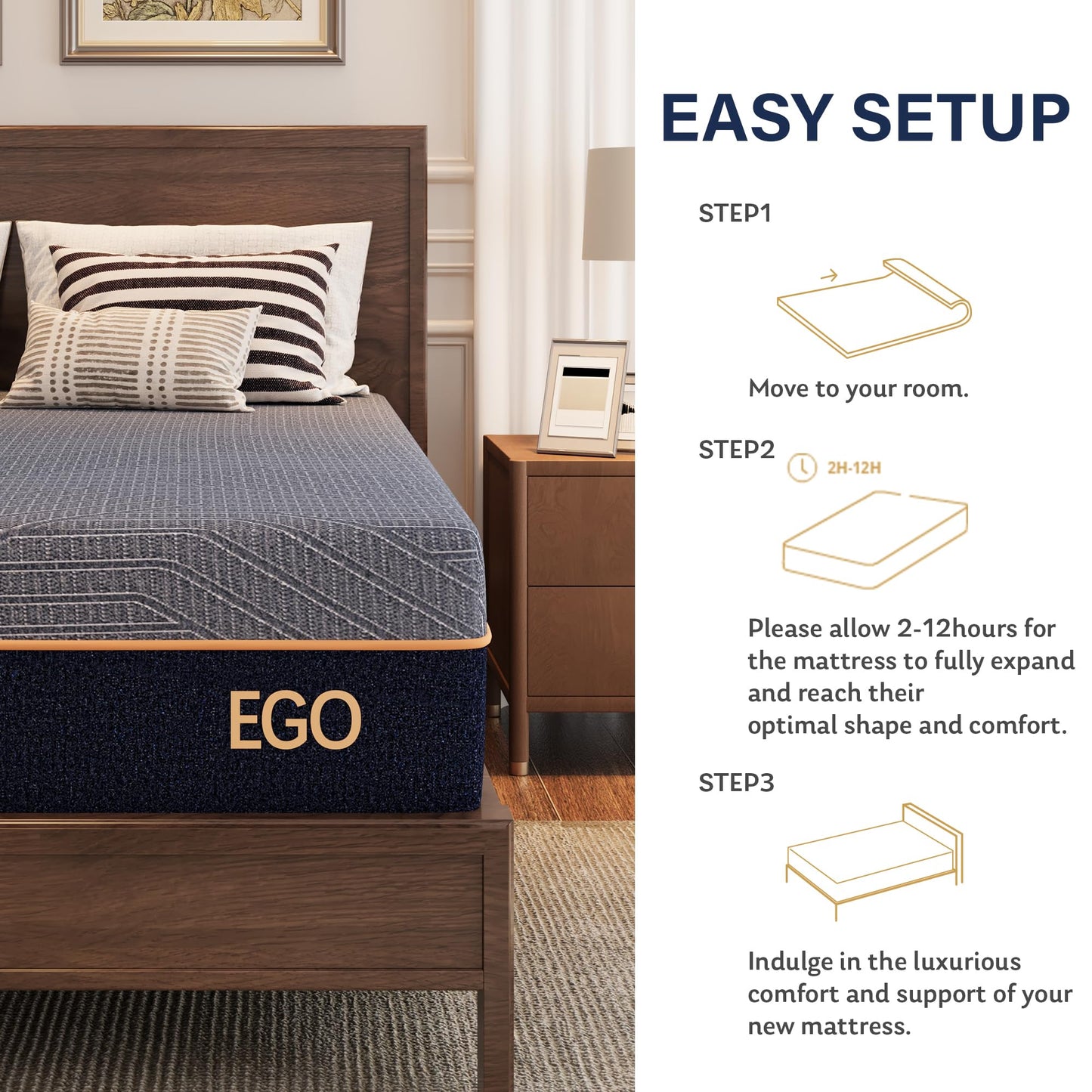 EGOHOME 12 Inch Queen Mattress, Copper Gel Cooling Memory Foam for Back Pain Relief, Therapeutic Bed in a Box, Foam Made in USA, CertiPUR-US Certified, 60x80x12 Black