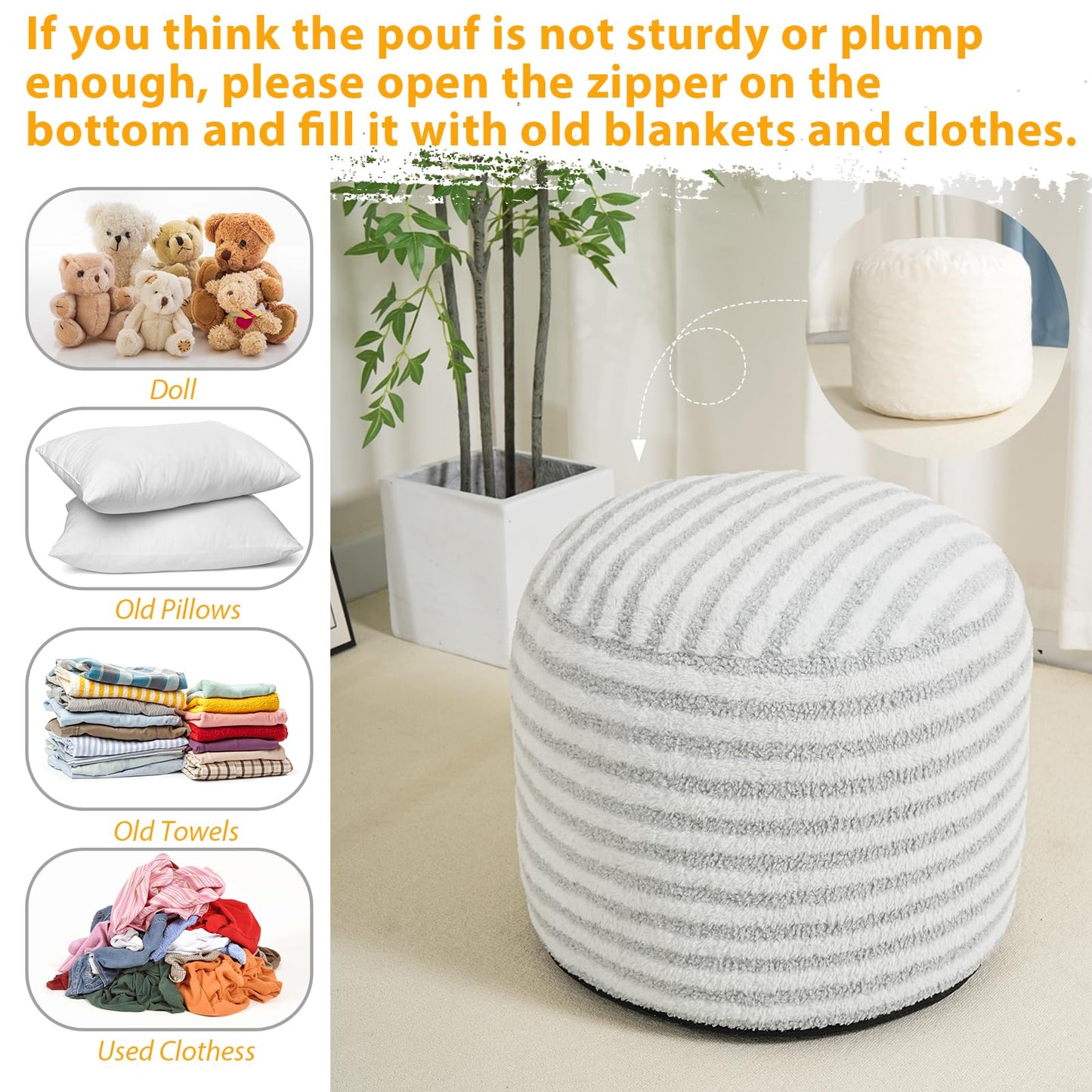 Homlazeezy Round Pouf Ottoman Stuffed Foot Stool Floor Chair Poufs for Living Room Bedroom, Faux Fur Poufs with Foam Chunk Filling, Storage Ottoman Pouf 20 X 15 Inch Boho for Couch, Gray & White