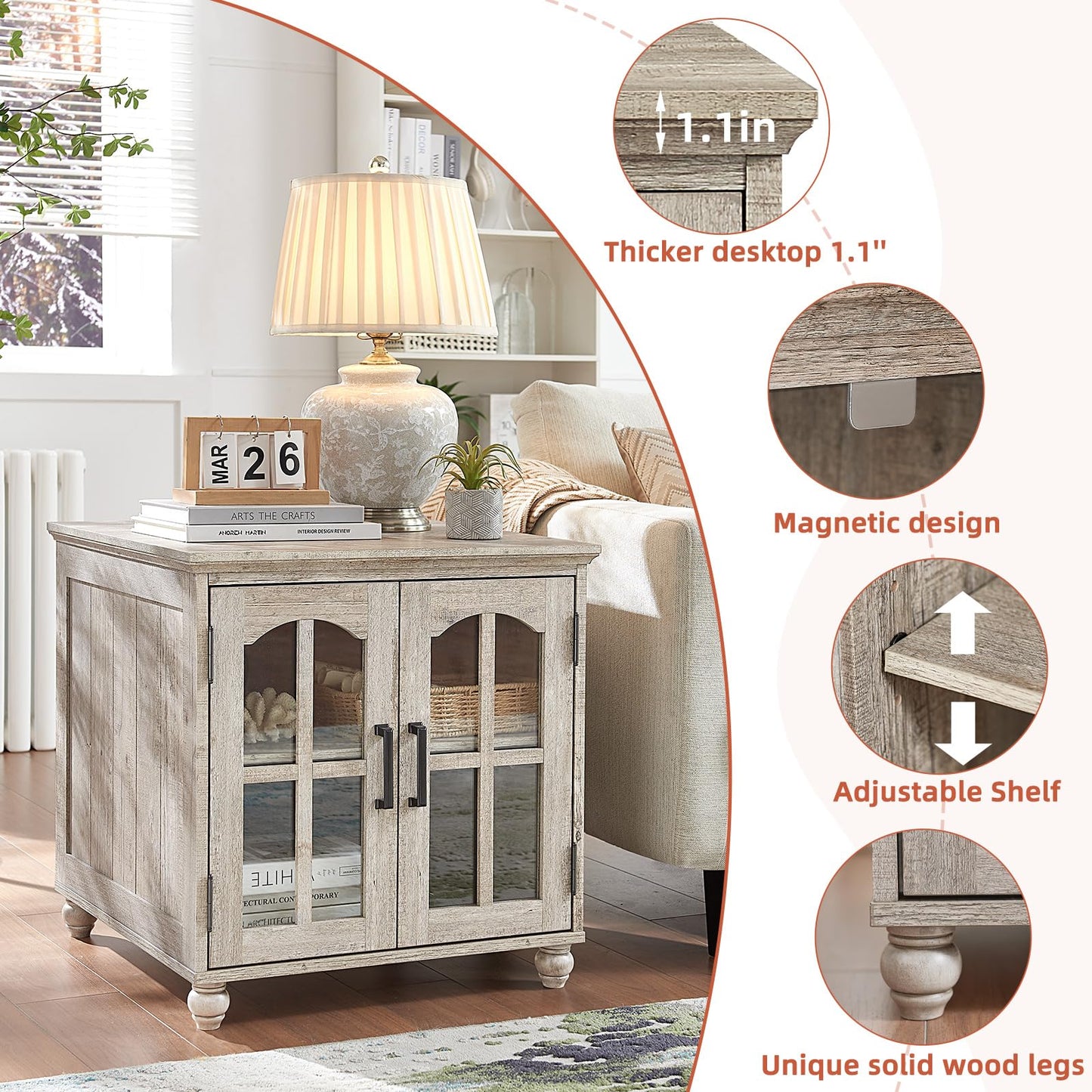 RWYHG Farmhouse End Table with Charging Station,24" Large Sofa Side Table with Glass Barn Door,Rustic Wood Night Stand with Adjustable Storage Shelf,Square Bedside Table for Living Room,Bedroom Office