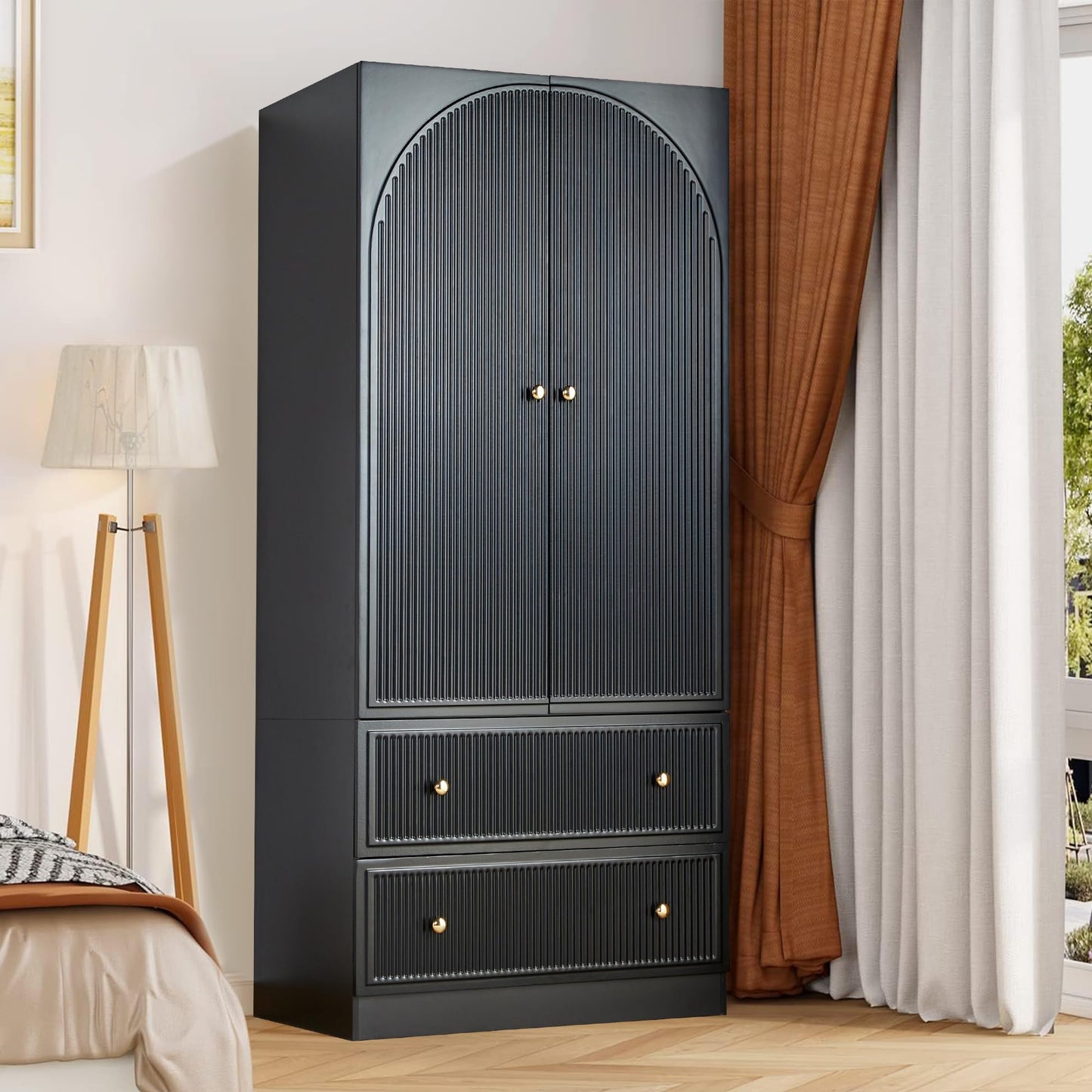 ORRD Black Freestanding Armoire Wardrobe Closet with 2 Doors and 2 Storage Drawers, Large Capacity Wardrobe Cabinet, Wooden Closet for Bedroom