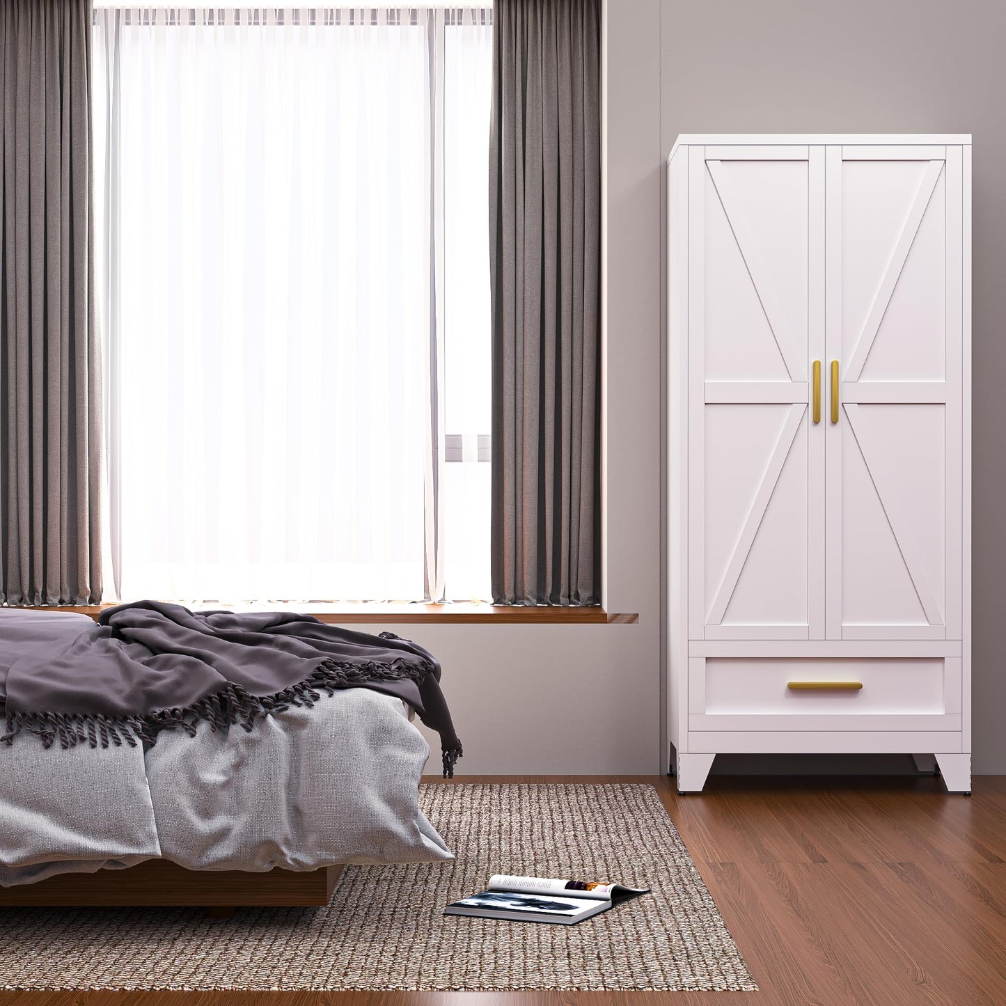 MLYCGKLA 71" Tall Armoire Wardrobe Closet, Metal Wardrobe Cabinet, Farmhouse Storage Cabinet with Drawer and Hanging Rod for Bedroom, Laundry, Home Office (White, 71" H-1 Drawer)