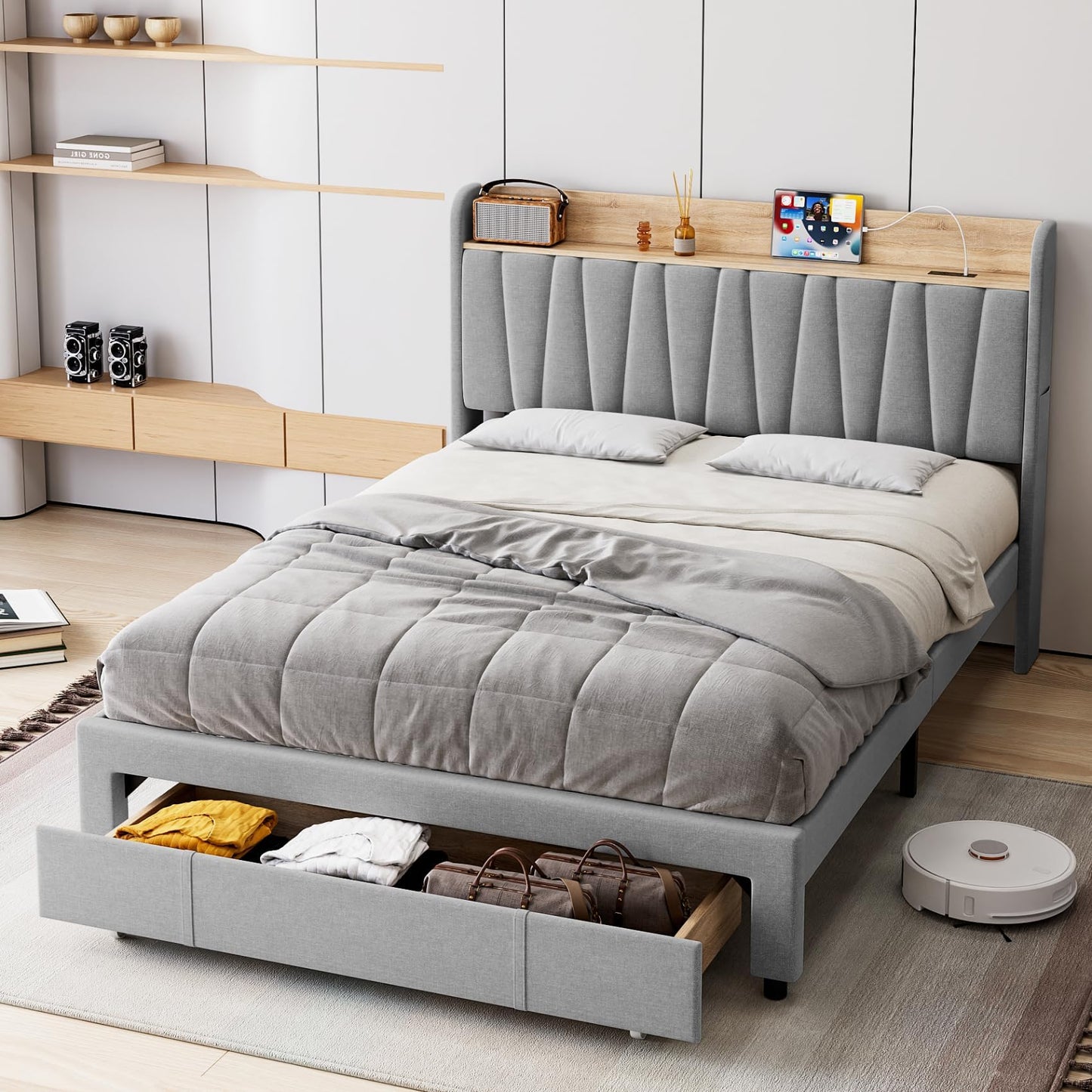 Queen Size Bed Frame with Headboard, Wooden Full Bed Frame with Storage Headboard and Charging Station, Metal Platform BedFrame with Large Drawers, No Box Spring Needed, Easy Assembly, Grey