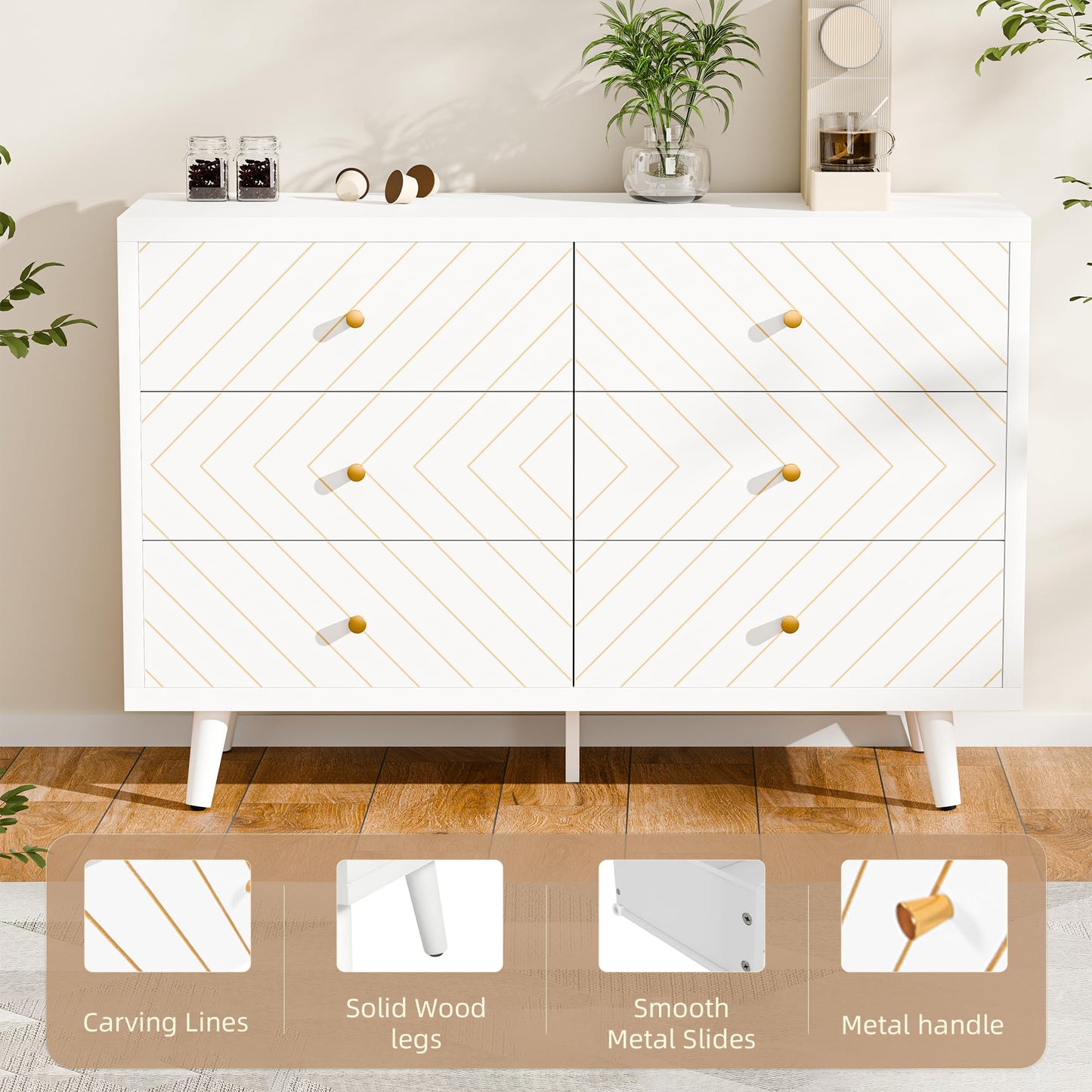 FNCK White Dresser for Bedroom, 6 Drawer Dresser with Wide Drawer, Wood Dressers & Chests, TV Stand for 50" TV, Modern Storage Cabinet for Dorm, Hallway, Dressers and Nightstand Sets