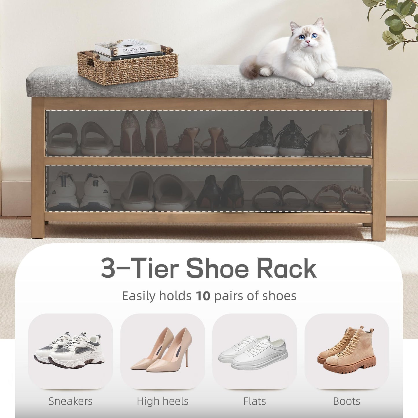 Zihanhome 2 Tier Shoe Rack Bench with Cushion, Solid Wood Shoe Benches, Mid-Century Modern Shoe Storage Bench for Entryway, Hallway, Living Room, Closet, Front Door Entrance, (Grey, 46.5")