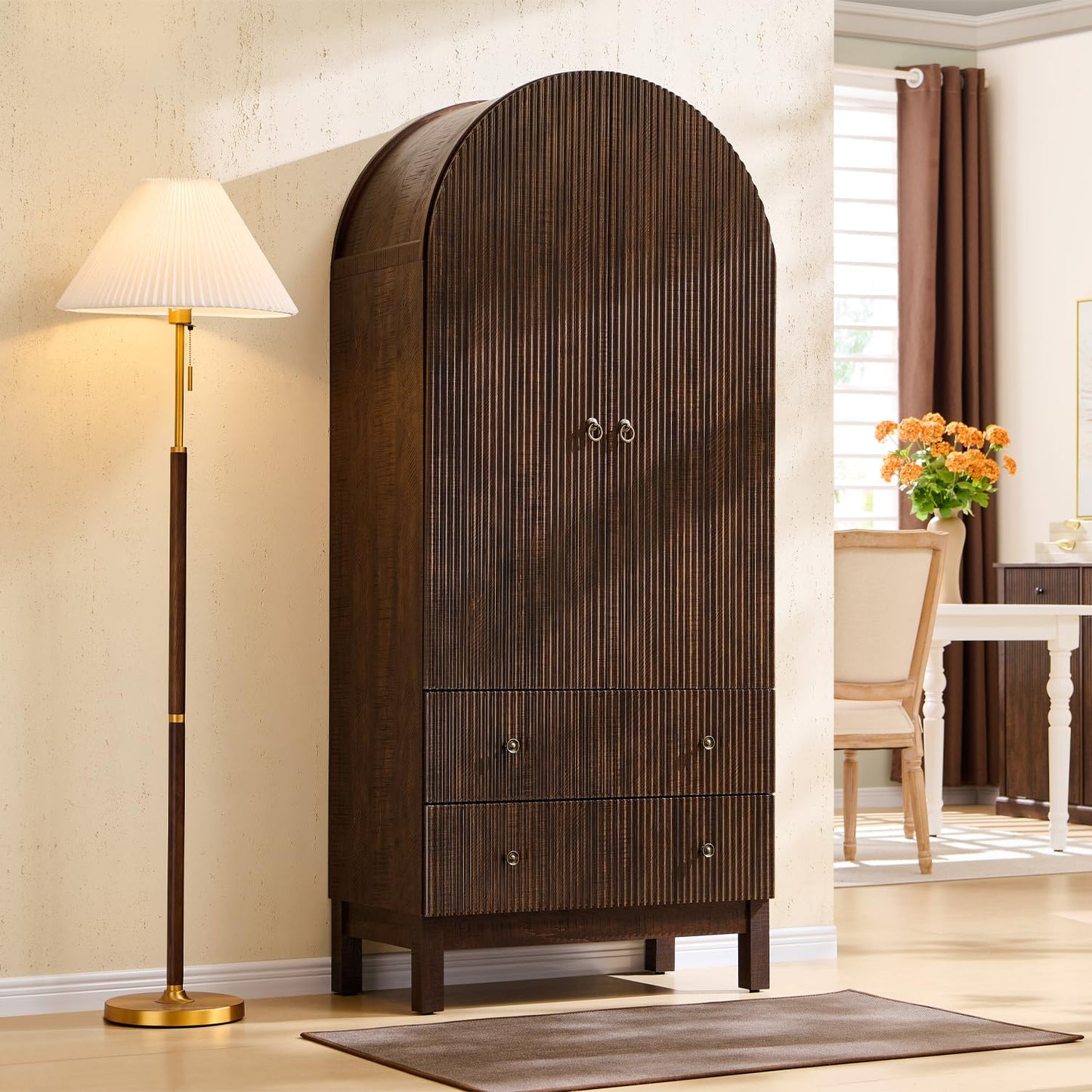 IFBUY 71" Tall Arched Bathroom Storage Cabinet, Modern Fluted Cabinet Storage with 4 Shlves and 2 Drawers, Floor Cabinet for Bathroom, Living Room, Kitchen, Brown