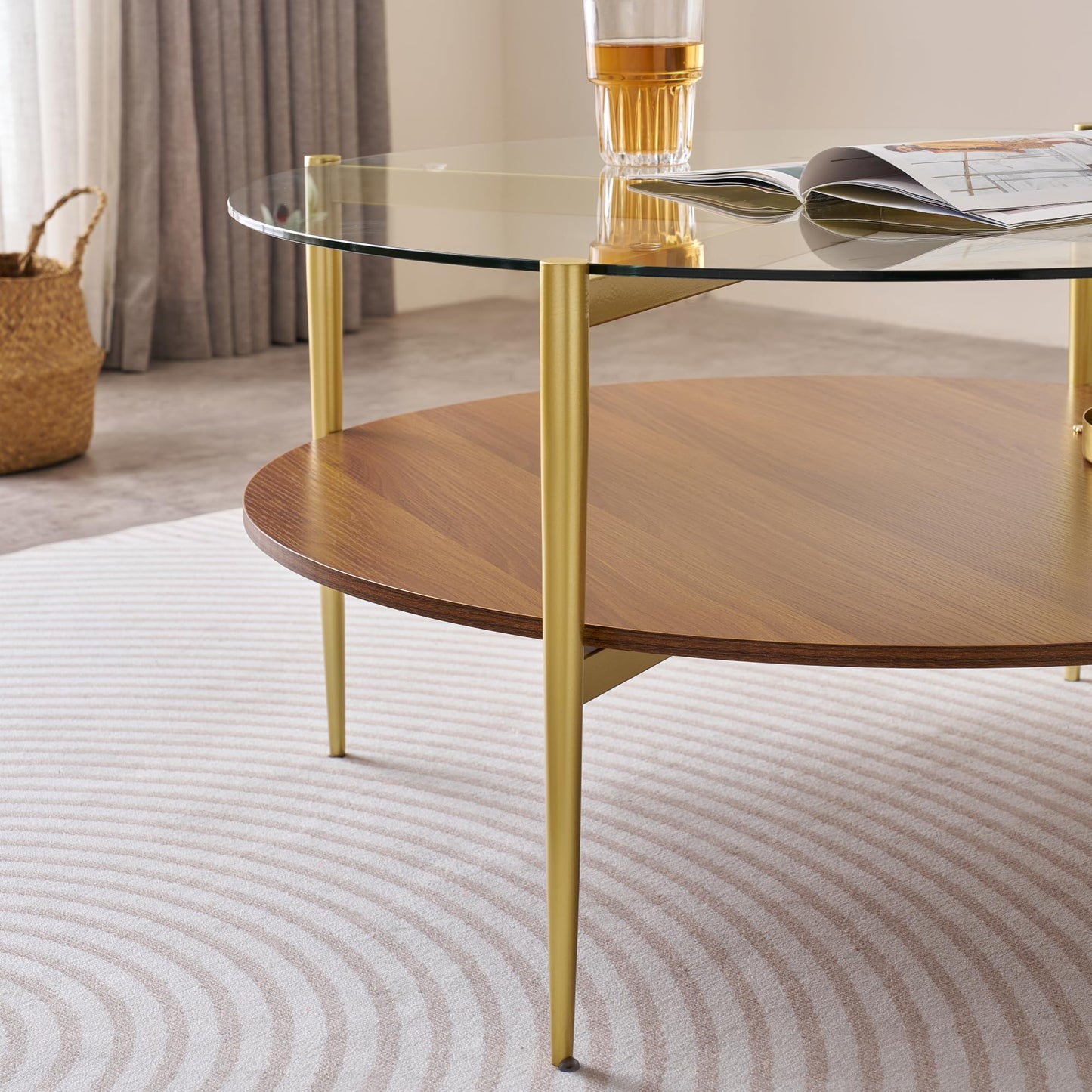 LumFurn Extra Large Round Coffee Table, Mid-Century Modern Design, D34 x H17 in, for Living Room, 2-Tier Structure, Clear Glass Top and Walnut MDF Shelf, Sleek Conical Metal Legs with Gold Finish