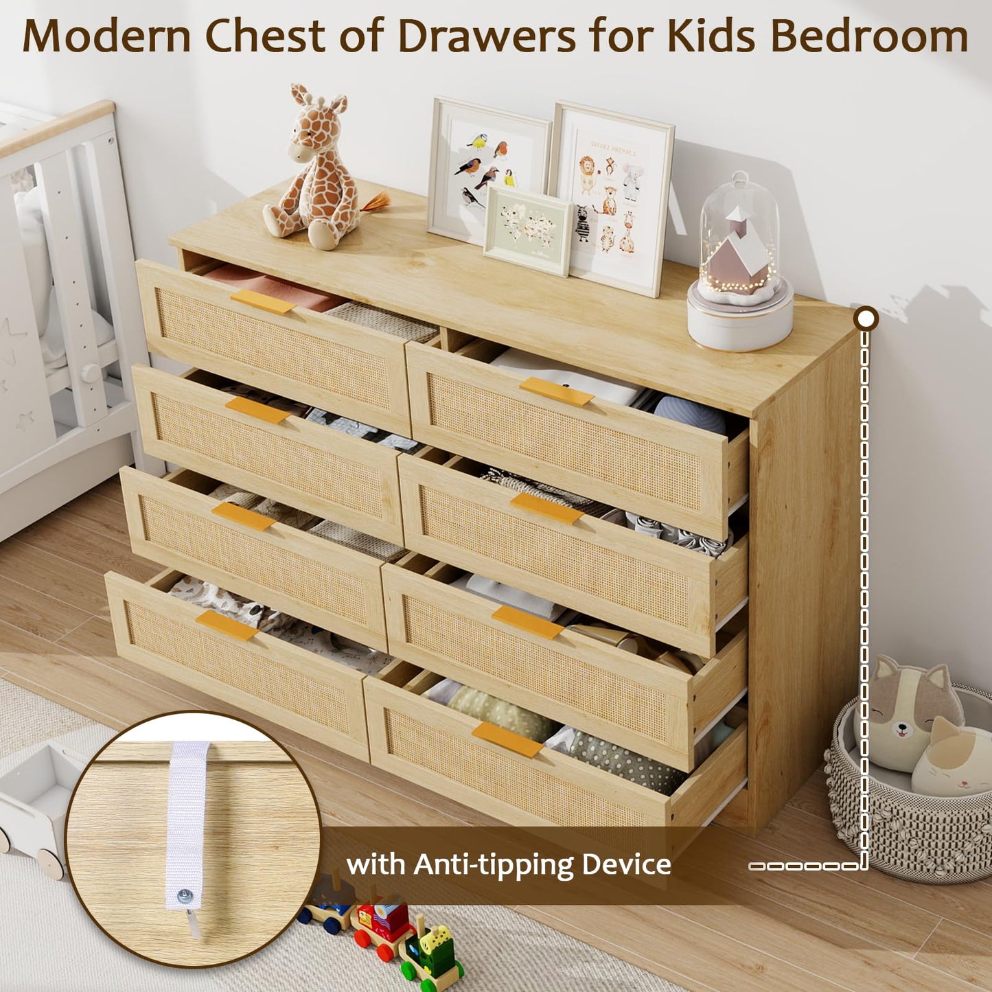 HOPUBUY 8 Drawer Dresser for Bedroom, Rattan Modern Closet Dressers Chest of Drawers, Boho Wood Double Wicker Dresser Storage Closet for Bedroom, Living Room, Entryway (Natural)