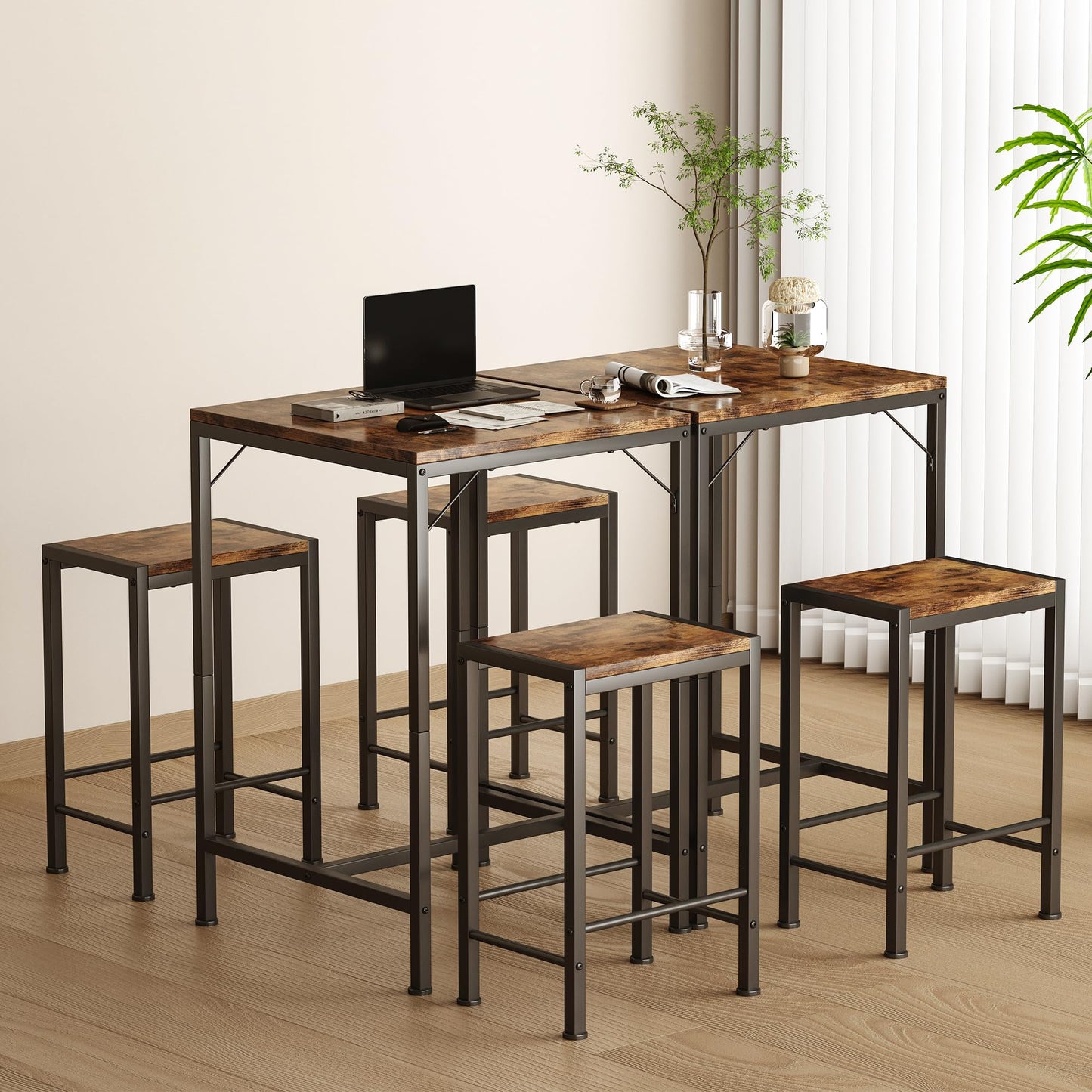 Homeiju Bar Table and Chairs Set, Square Bar Table with 2 Stools, Space-Saving Dining Pub Set for 2, Perfect for Kitchen, Breakfast Nook, Living Room & Small Spaces, Rustic Brown
