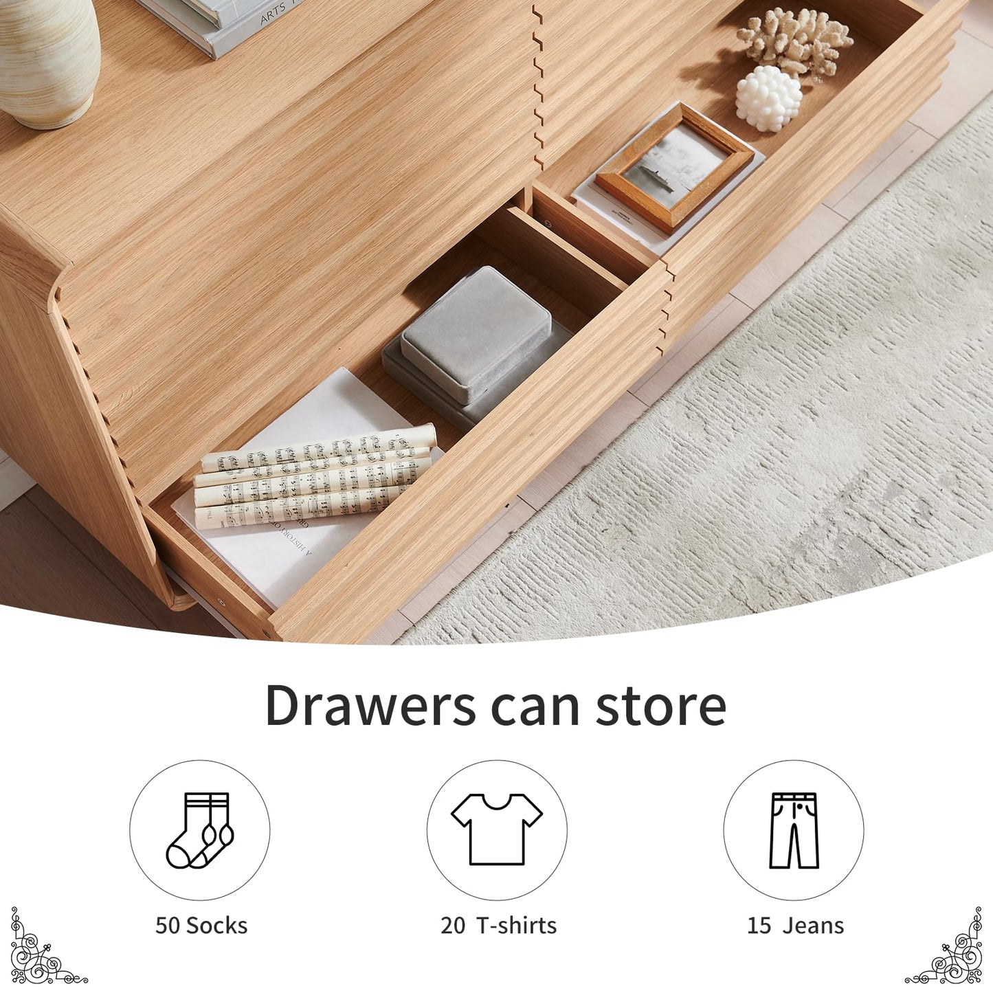 systemktesm Fluted 6 Drawers Dresser for Bedroom, 54" Wide Modern Chest of Drawers with Metal Handle, Farmhouse Dresser TV Stand, Wood Drawer Organizer for Bedroom, Living Room, Hallway (Natural Oak)