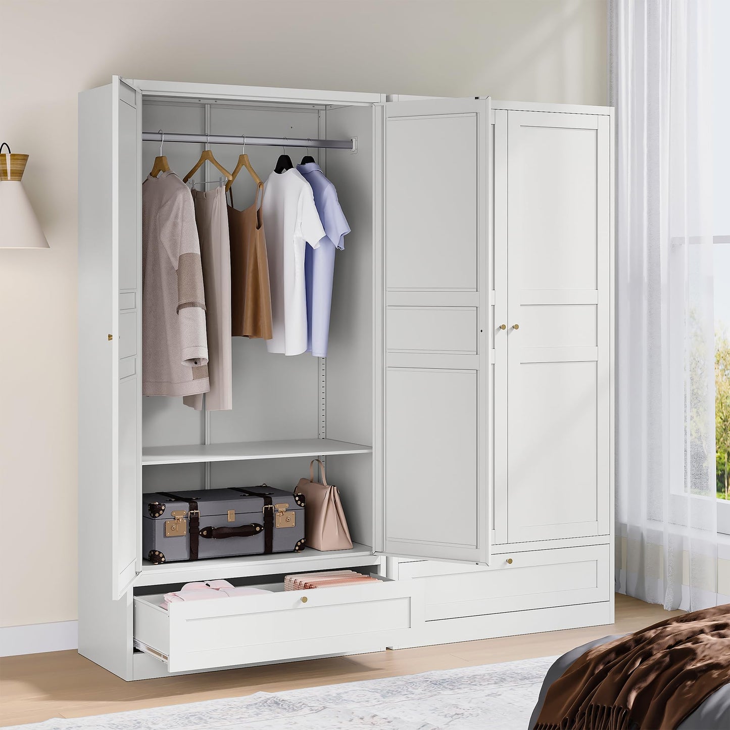 BYNSOE Metal Armoire Wardrobe Closet with 2 Doors 72'' Wardrobe Cabinet with Drawers and Hanging Rail Metal Closet with Adjustable Shelves for Bedroom. (White, with 1drawer)
