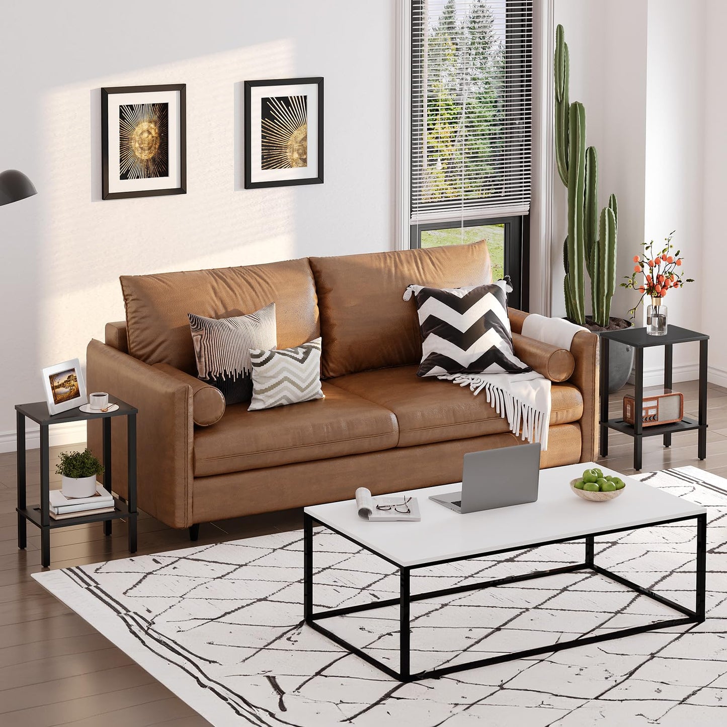 HOOBRO End Tables Set of 2, Small Side Tables with 2-Tier Storage Shelves, Nightstands with Faux Rattan Decoration, for Small Space, Living Room, Bedroom, Black BK91BZP201