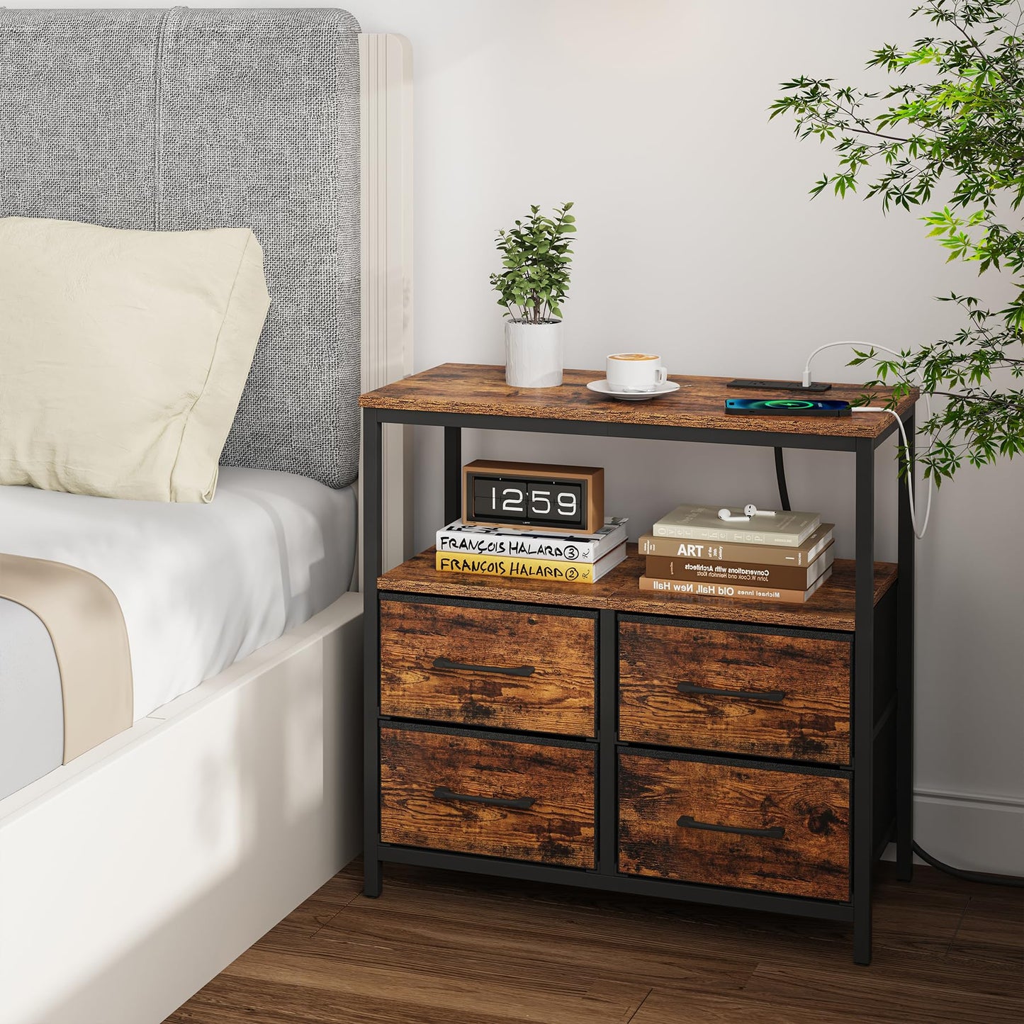 TUTOTAK Large Night Stand with Charging Station, Nightstand with USB and Type-C Port, Bedside Table with Cloth Drawers, End Table for Livingroom, Bedroom, Brown TB01BB081