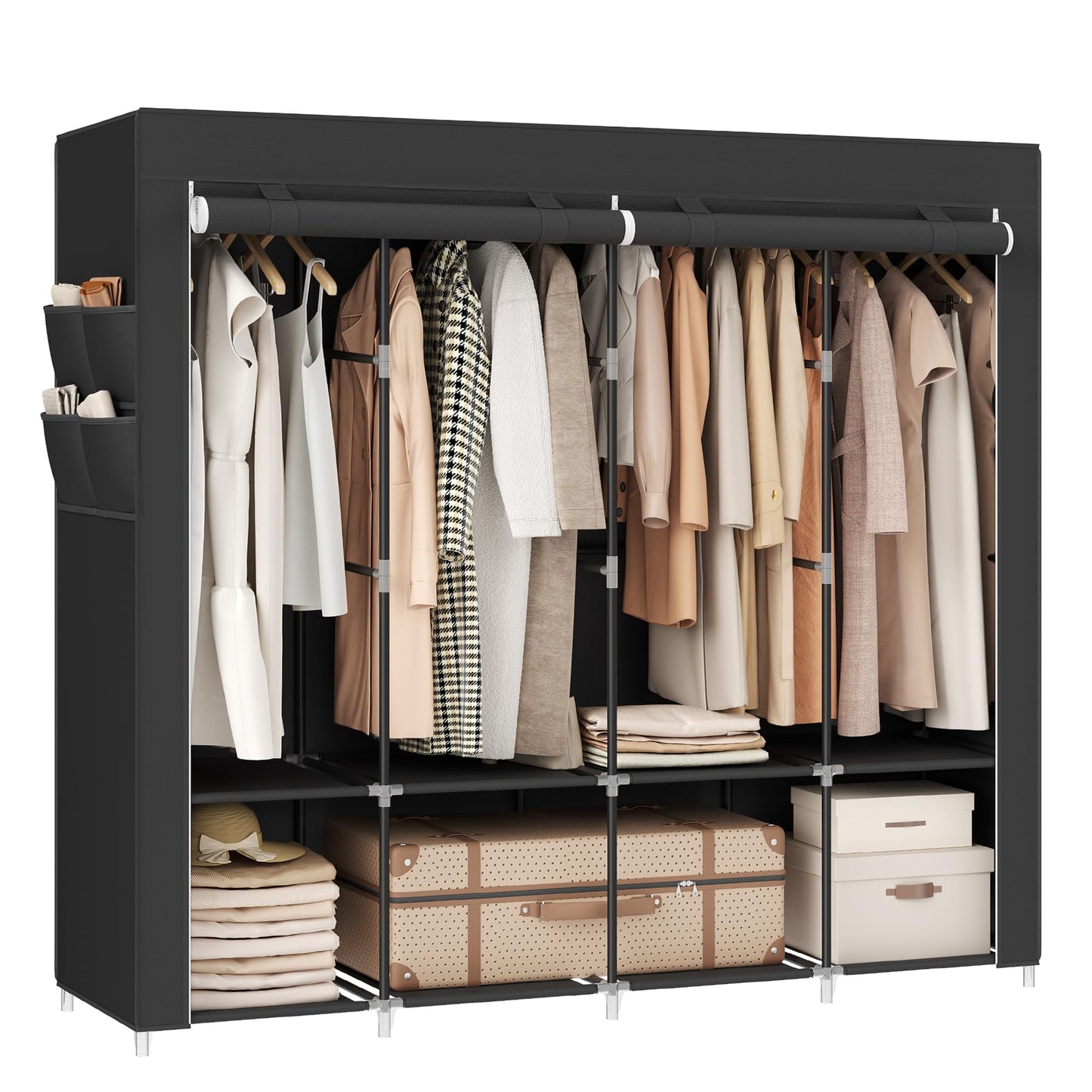 SONGMICS Portable Closet, Wardrobe Closet Organizer with Cover, 4 Hanging Rods and Shelves, 4 Side Pockets, 66.9 x 17.7 x 65.7 Inches, Large Capacity for Bedroom, Living Room, Ink Black URYG094B02
