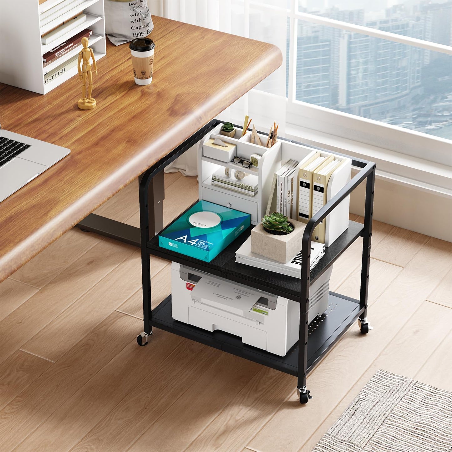 Heakrit 21"x15.8" Large Printer Stand with Storage, 2-Tier Under Desk Printer Table, Rolling Printer Cart with Lockable Wheels for Home, Office (Black)