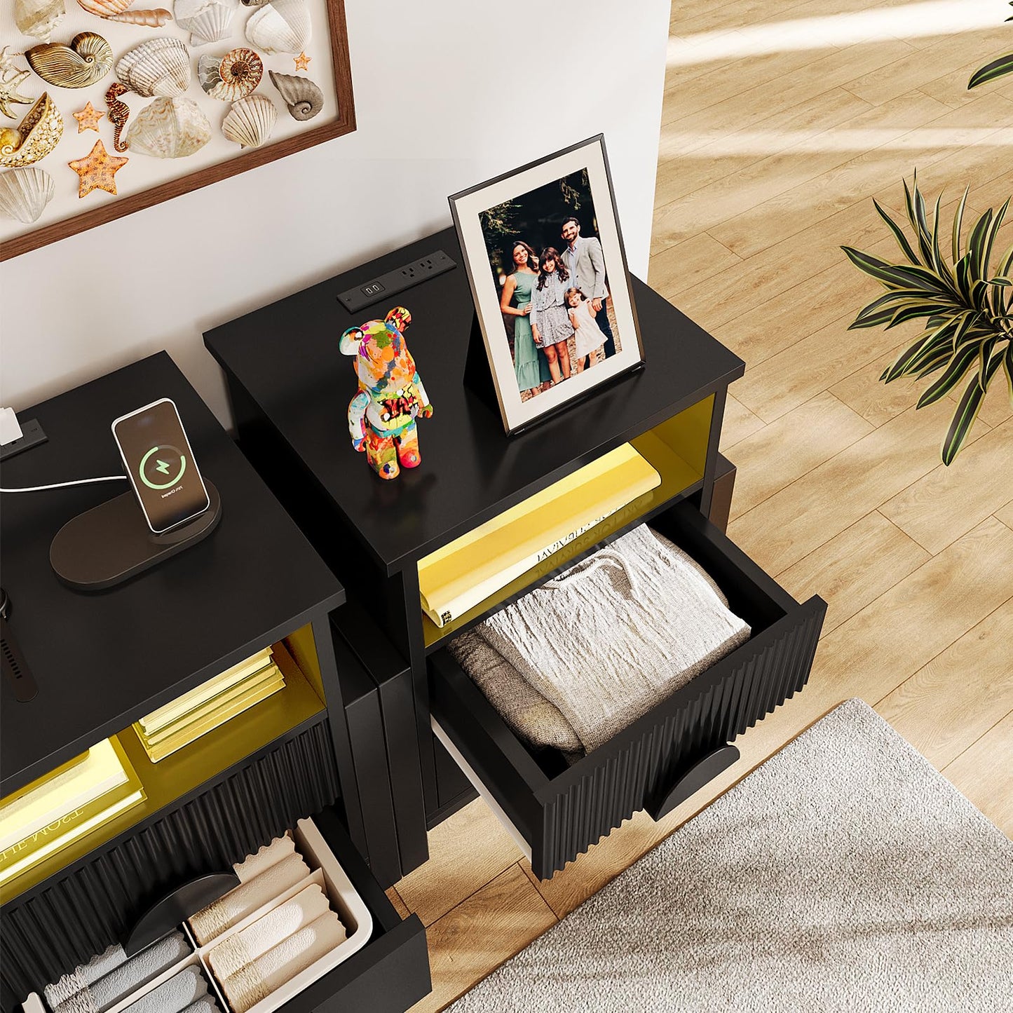 LGHM Fluted Nightstand with Strip Lights, Charger Station, Night Stand with 2 Drawers, Accent Bed Side Table and End Table,Curved Profile Design, Raising H Legs for Bedroom, Living Room,Black