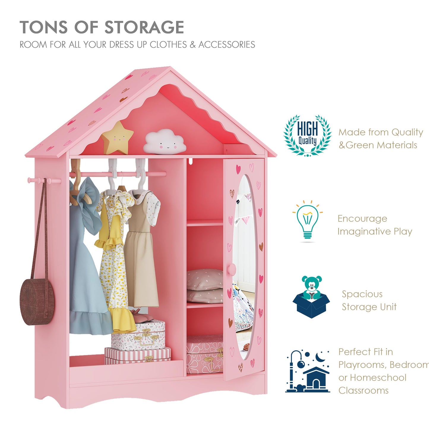 UTEX Kids Dress Up Storage with Mirror, Kids Wardrobe Closet, Dress Up Armoire for Little Girls, Open Hanging Costume Organizer with Storage Cabinet for Kids Room, Playroom