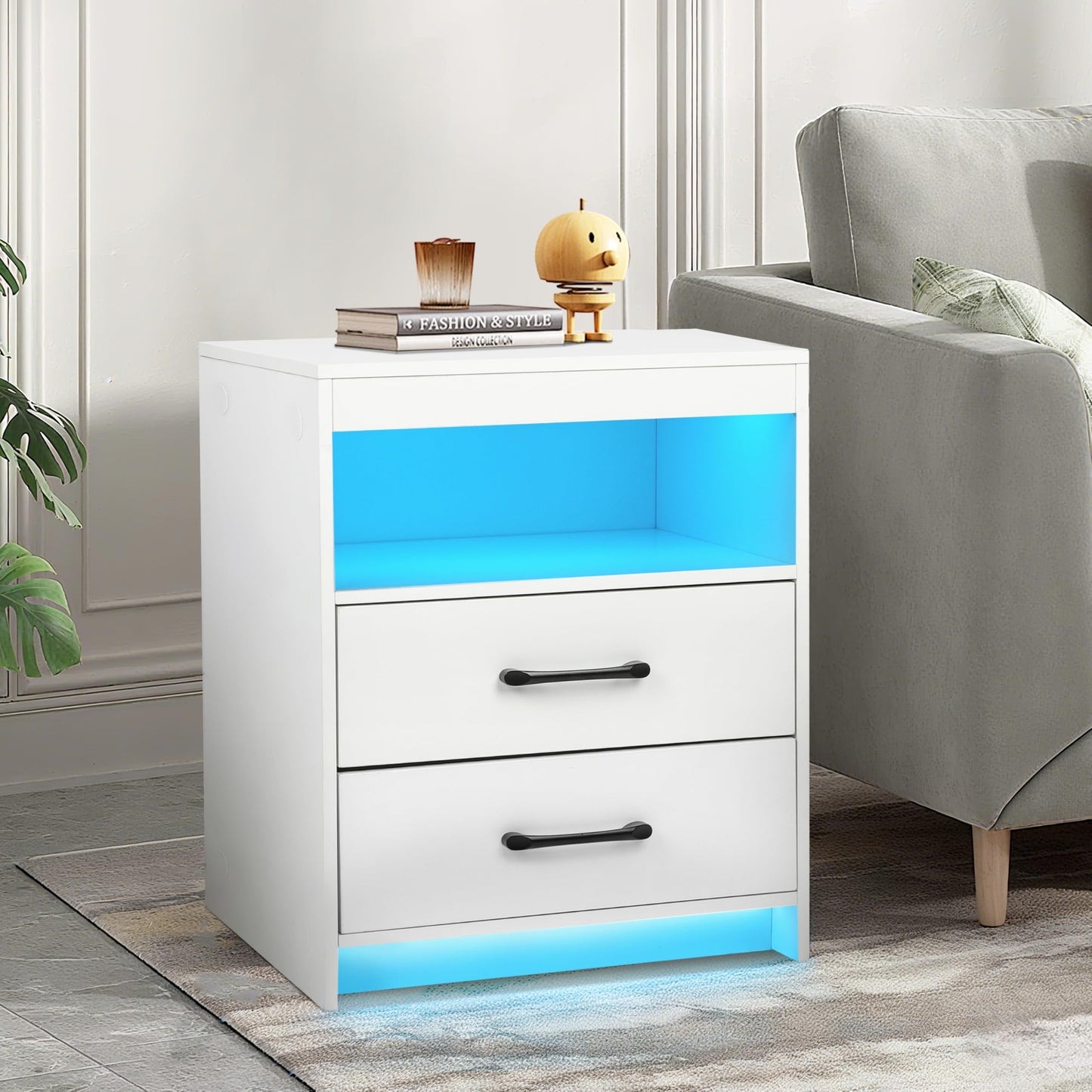 ansefe Nightstand with Charging Station and LED Lights, Bedside Table with 2 Drawers and Open Shelves, Modern End Side Table,White