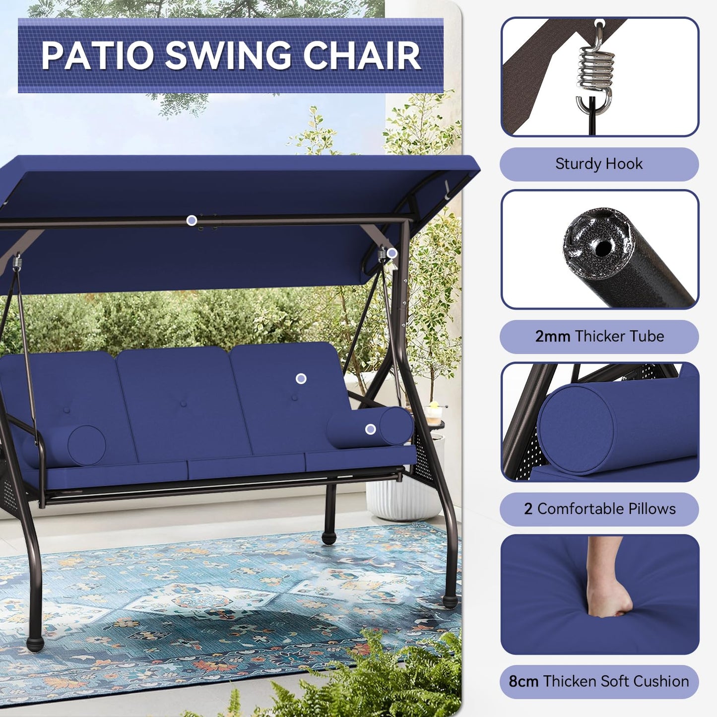 Oakcloud 3-Seat Outdoor Porch Swing with Adjustable Canopy, Large Converting Swing Chair, Patio Swing Glider with Pillows & Thick Cushions for Poolside Balcony Backyard (Blue)