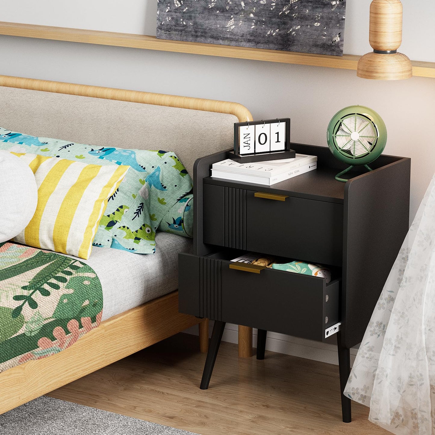 Aenuert Black Nightstand Modern Bedside Table with 2 Storage Drawer, Small Night Stand, Wooden Sofa Side Table for Bedroom, Study Room and Small Spaces