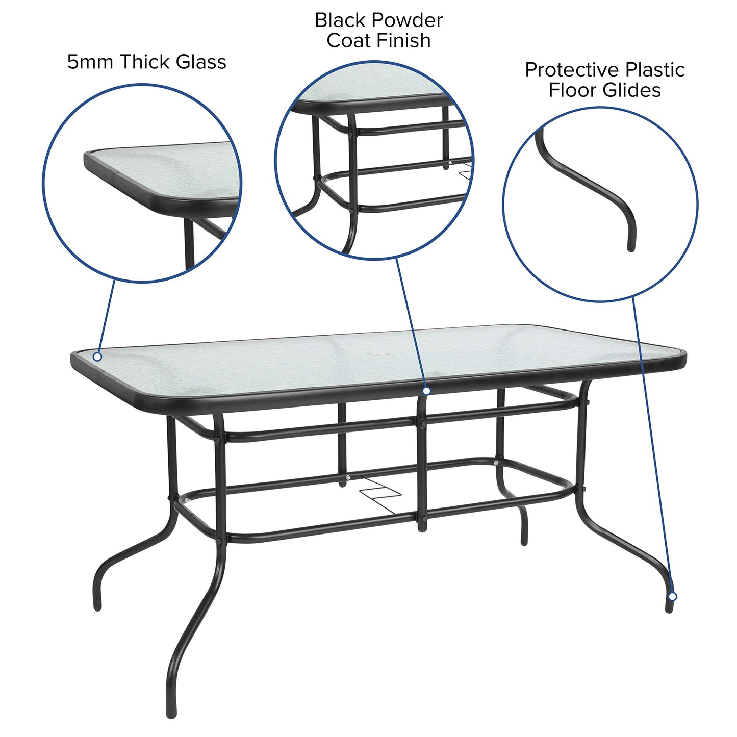EMMA + OLIVER Patio Table & Chairs Set - Rectangular Metal Table with Tempered Glass Top - 6 Black Aluminum Stacking Chairs - All Weather for Indoor/Outdoor Use