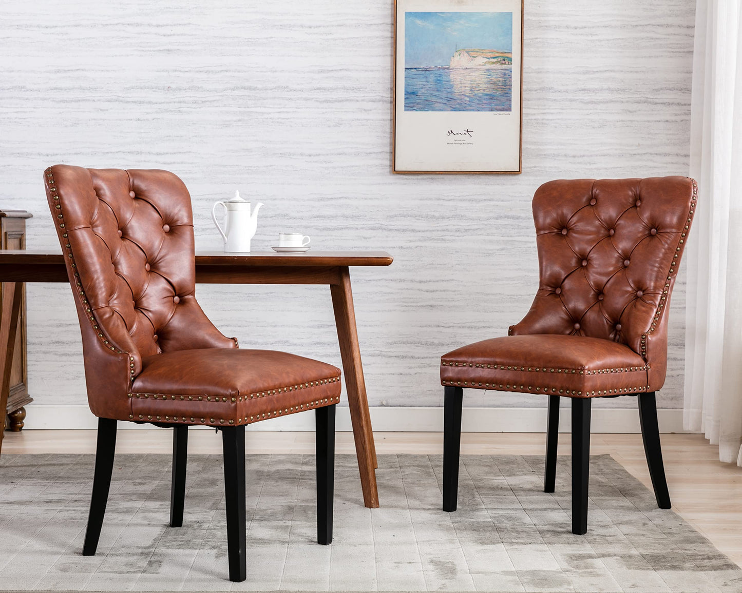 CIMOTA Brown Leather Dining Chairs Set of 2 Mid Century Modern Dining Room Chairs Tufted Upholstered Kitchen Dining Chairs Comfortable Side Chairs with Nailhead Trim/Ring Back (PU /2PCS)