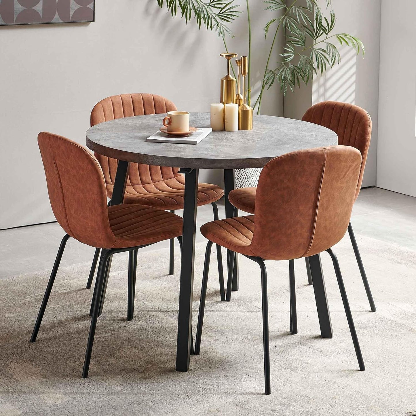 Pandolfini Round Dining Table Set for 4, Modern 37 Inch Dining Table and Chairs, Grey Engineered Wood Kitchen Table with PU Leather Dining Chairs for Dining Room, Living Room, Brown