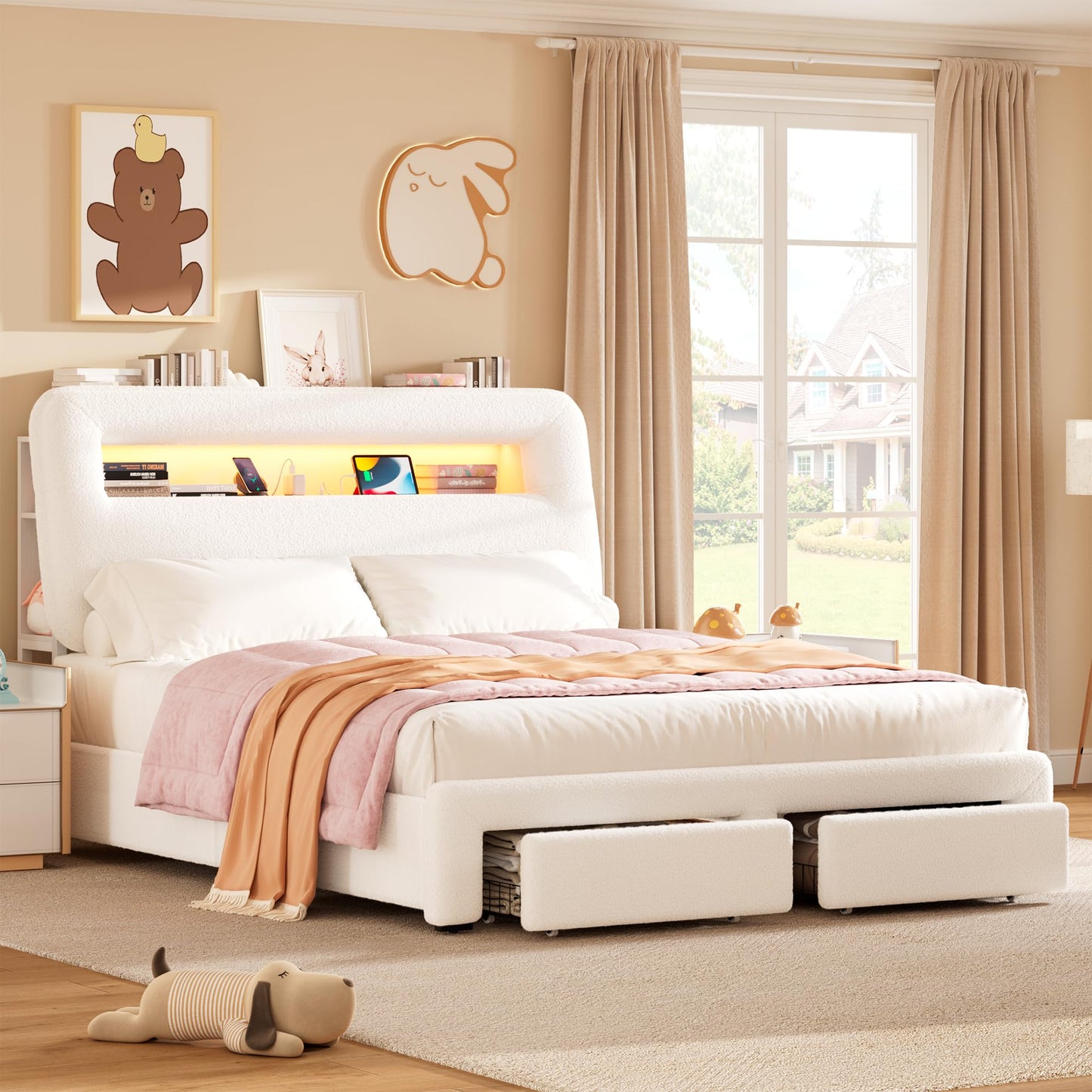 VINTLJUS Full LED Bed Frame with Storage Headboard & Charging Station, Kids Bed Frames with Bookcase, Teddy Fleece Upholstered Platform Bed Frames with 2 Storage Drawers, Noise Freed, Beige
