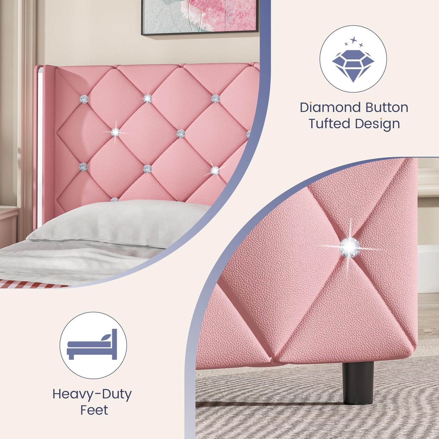 Bed Frame Queen Size with Headboard, Velvet Upholstered Bed with Diamond Tufted Design, Modern Queen Bed Frame, No Box Spring Required, Easy Assembly, Pink