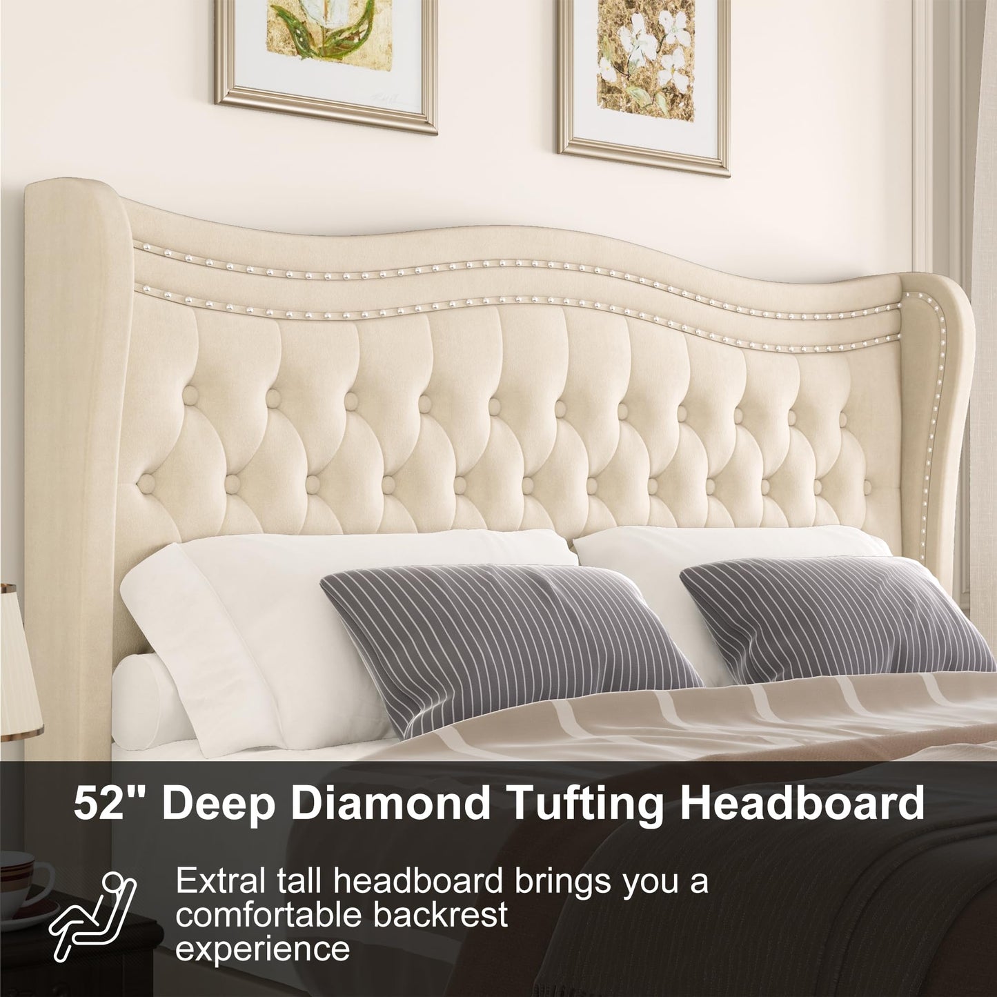 Generic Full Bed Frame, 52"" Headboard Upholstered Bed with Tall Footbaord, Velvet Upholstered Deep Button Tufted Wingback Platform Bed, No Box Spring Required/Wood Slat Support/Beige