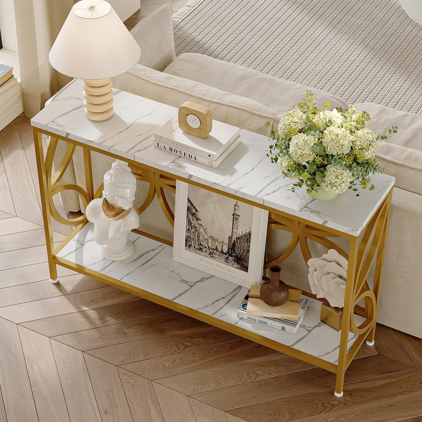 GiftGo Narrow Sofa Table 47.2 Inch, Industrial Sofa Table Behind Couch, Vintage Entry Console Table with Storage for Entryway, Living Room, Foyer, Elegant Design (White and Gold, 47.2)