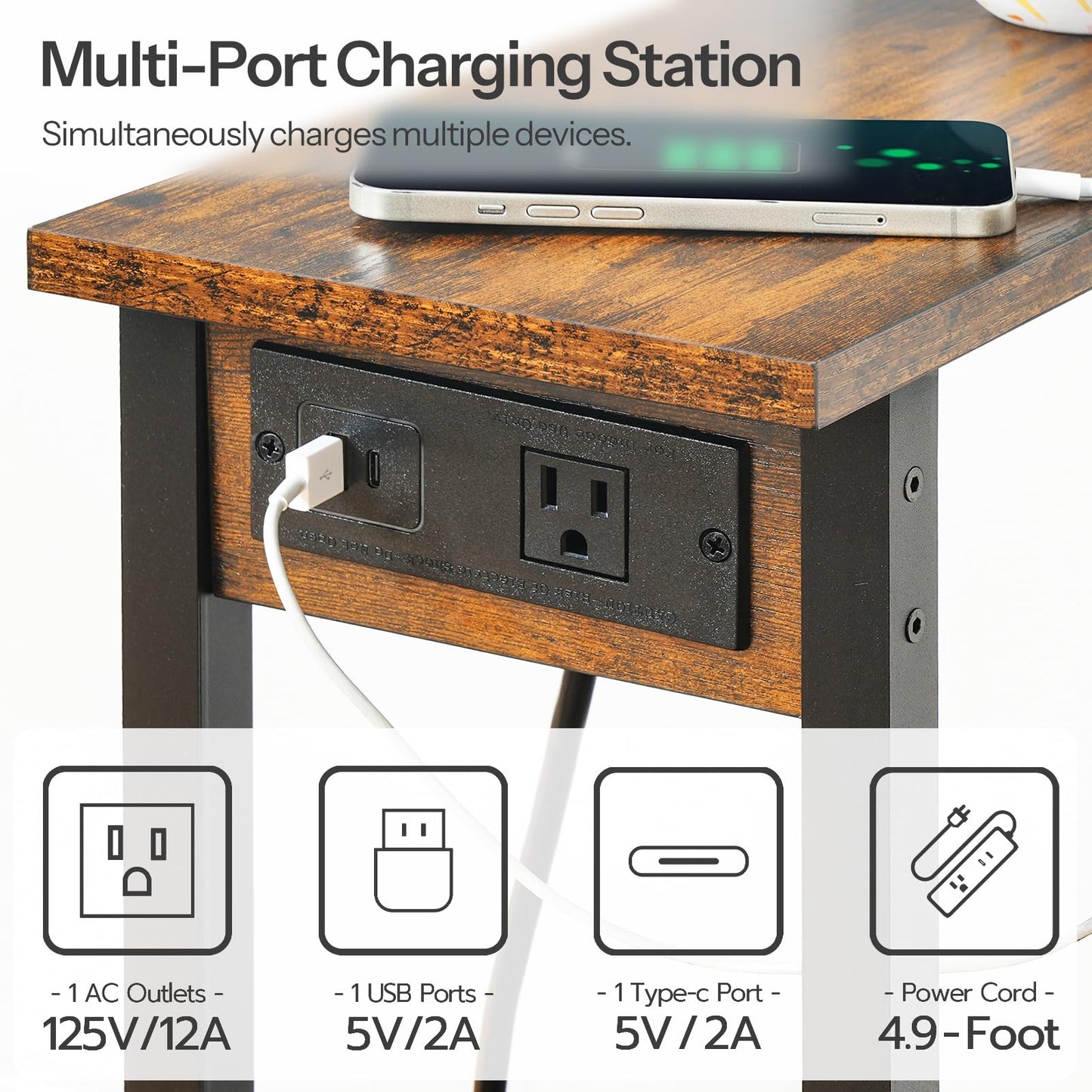 HOOBRO Small End Table with Charging Station, Narrow Side Table with USB Port and Outlets, Skinny Sofa Table, Slim Nightstand, Living Room, Bedroom, Rustic Brown and Black BF240UBZ01
