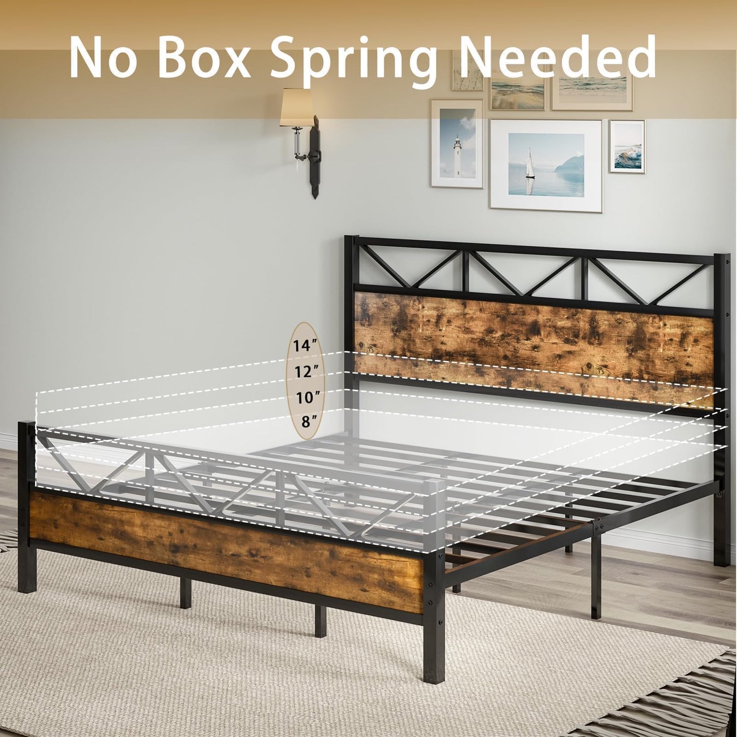 CHABUILDREARK King Size Bed Frame and 51.2" Tall Headboard, King Platform Bed Frame with Headboard, Heavy Duty Metal Slats Support, No Box Spring Needed, Noise-Free, Easy Assembly, Rustic Brown