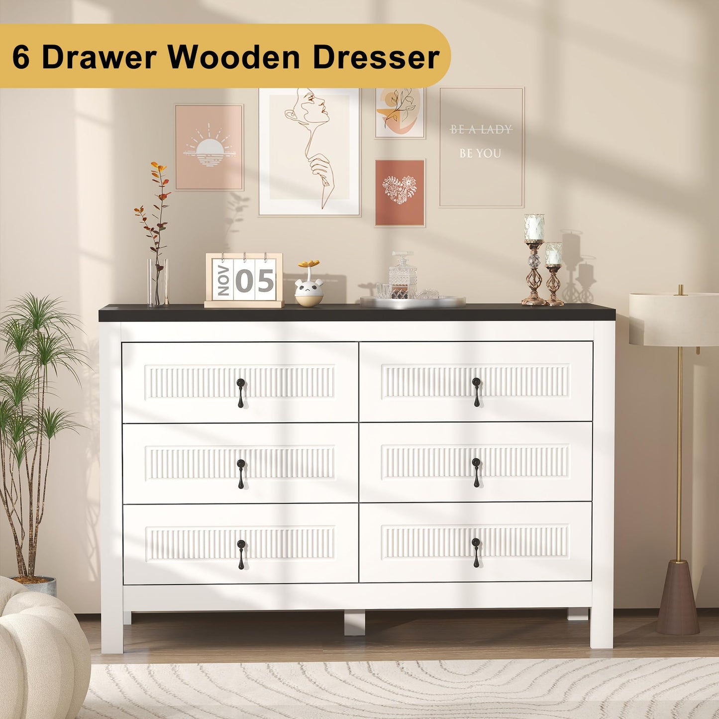 LABROSKIA White Dresser for Bedroom Deep Drawers: 47" Wood Bedroom Dressers with 6 Drawers, Modern Chest of Drawer with Handles, Adult Dresser for Fluted Drawer (White)